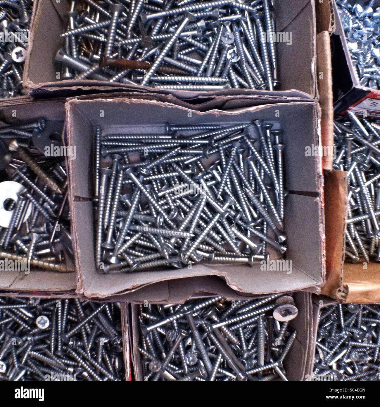 Collection of assorted screws and fasteners in storage boxes at a hardware workshop - Smartphone Captured Stock Image