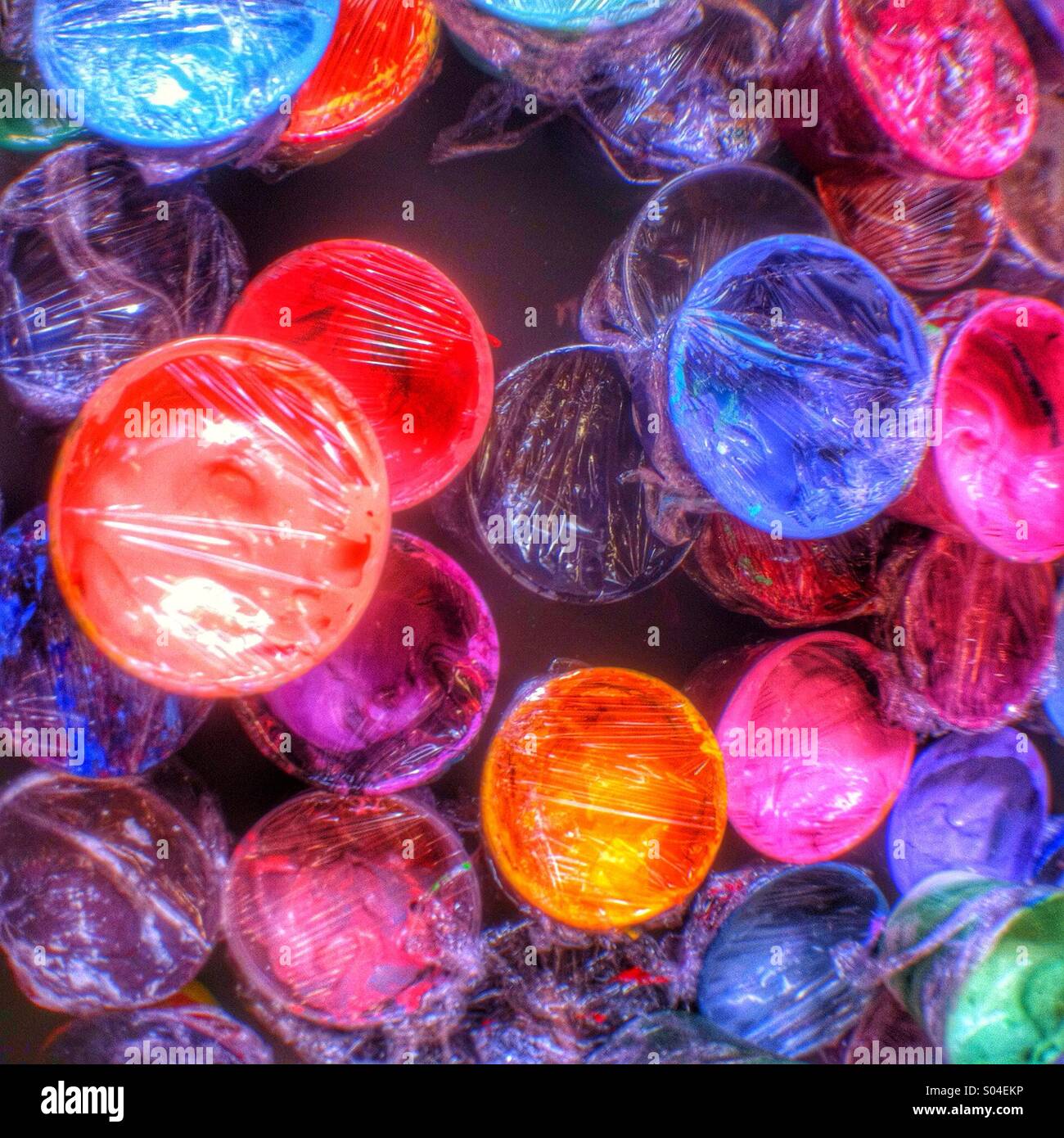 Pots of coloured ink used for screen printing. - Smartphone Captured Stock Image