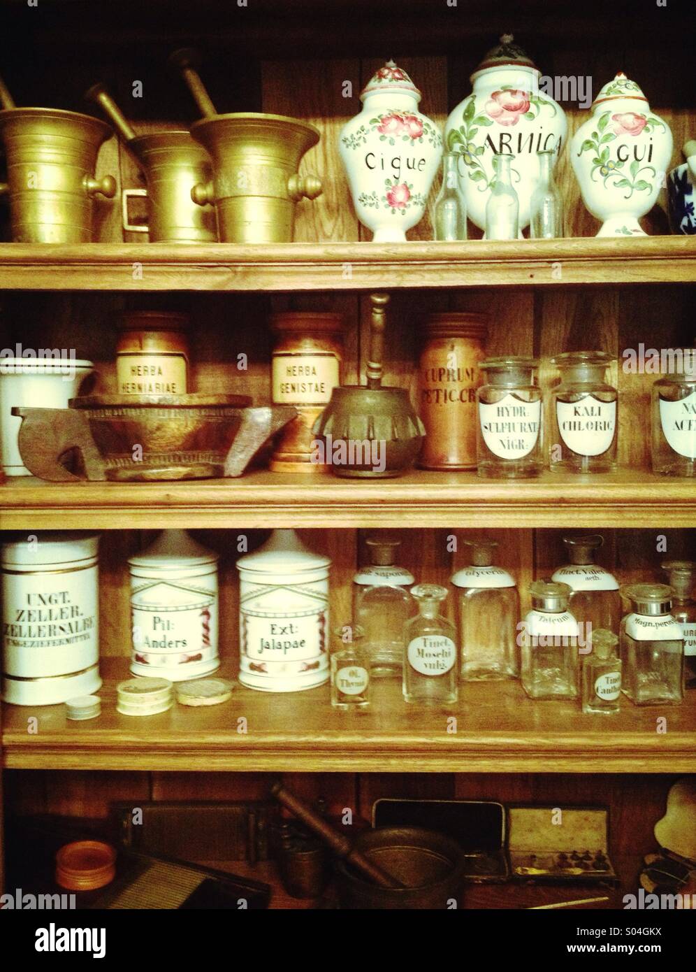 Apotheke, vintage apothecary display on shelf Stock Photo
