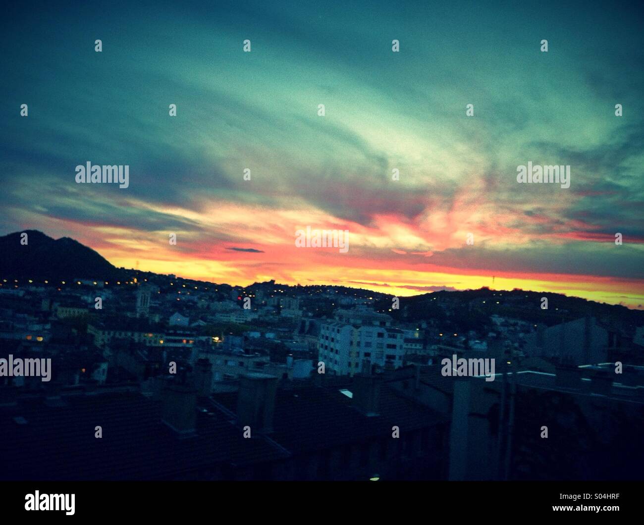 Romantic colourful sunset, Saint-Etienne,Loire, France - Smartphone Captured Stock Image