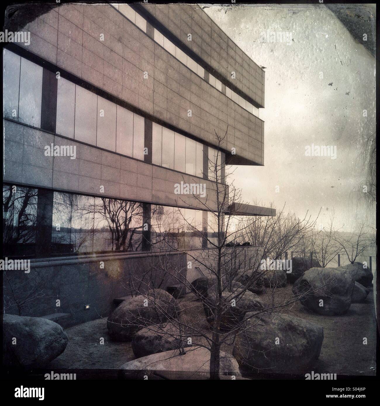 Andy Goldsworthy's garden of Stones, living memorial garden from Shoa, Holocaust survivors at the Museum of Jewish Heritage in Battery Park, Manhattan, NYC. Stock Photo