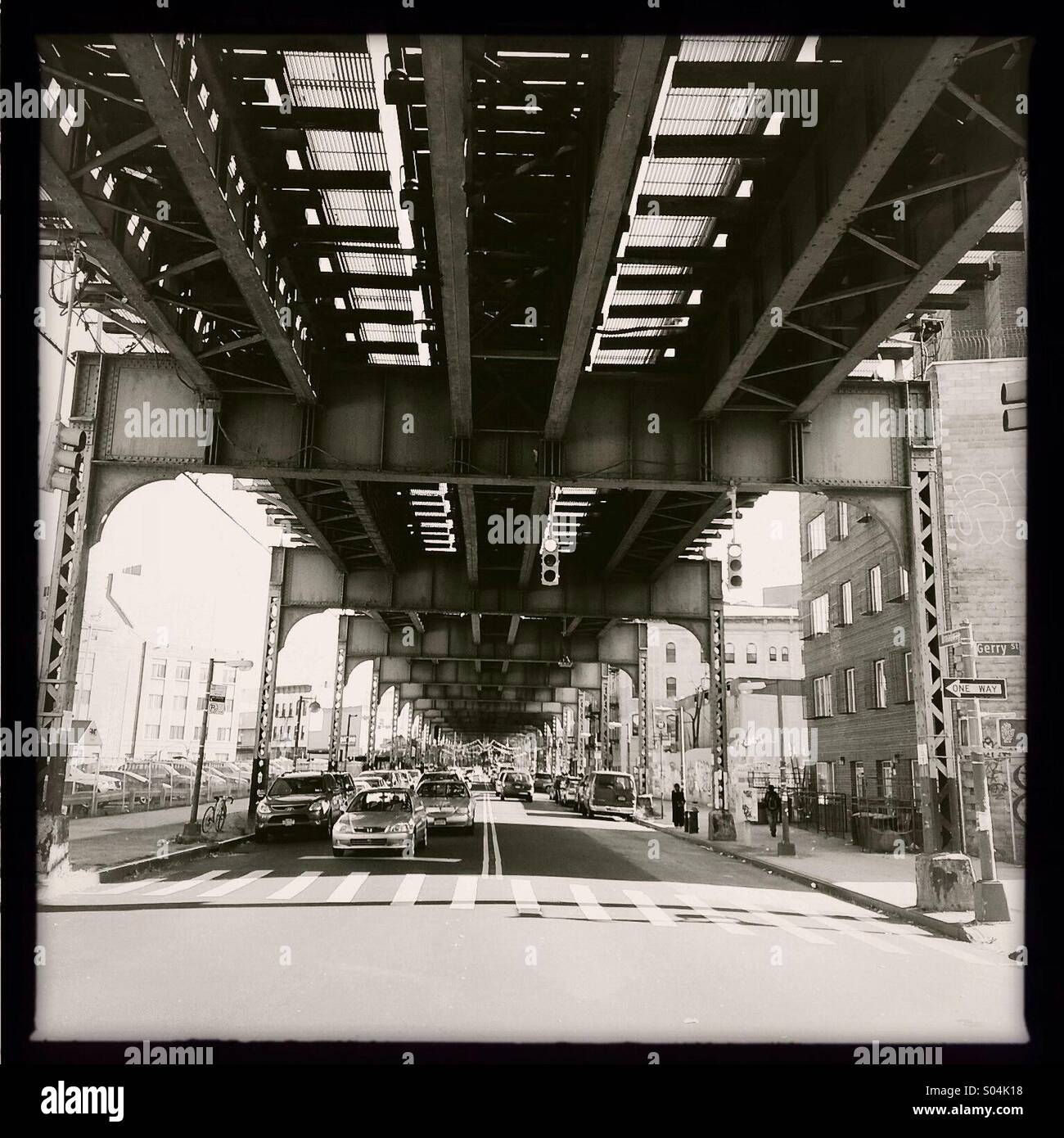 Broadway and Lorimer ST on Brooklyn NY, under the J M Z subway line tracks - Smartphone Captured Stock Image