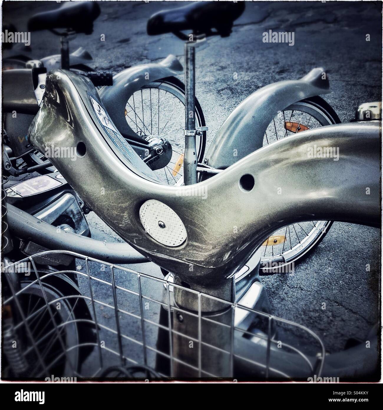 Handlebar of a bike for rental in Paris, France, Europe - Smartphone Captured Stock Image
