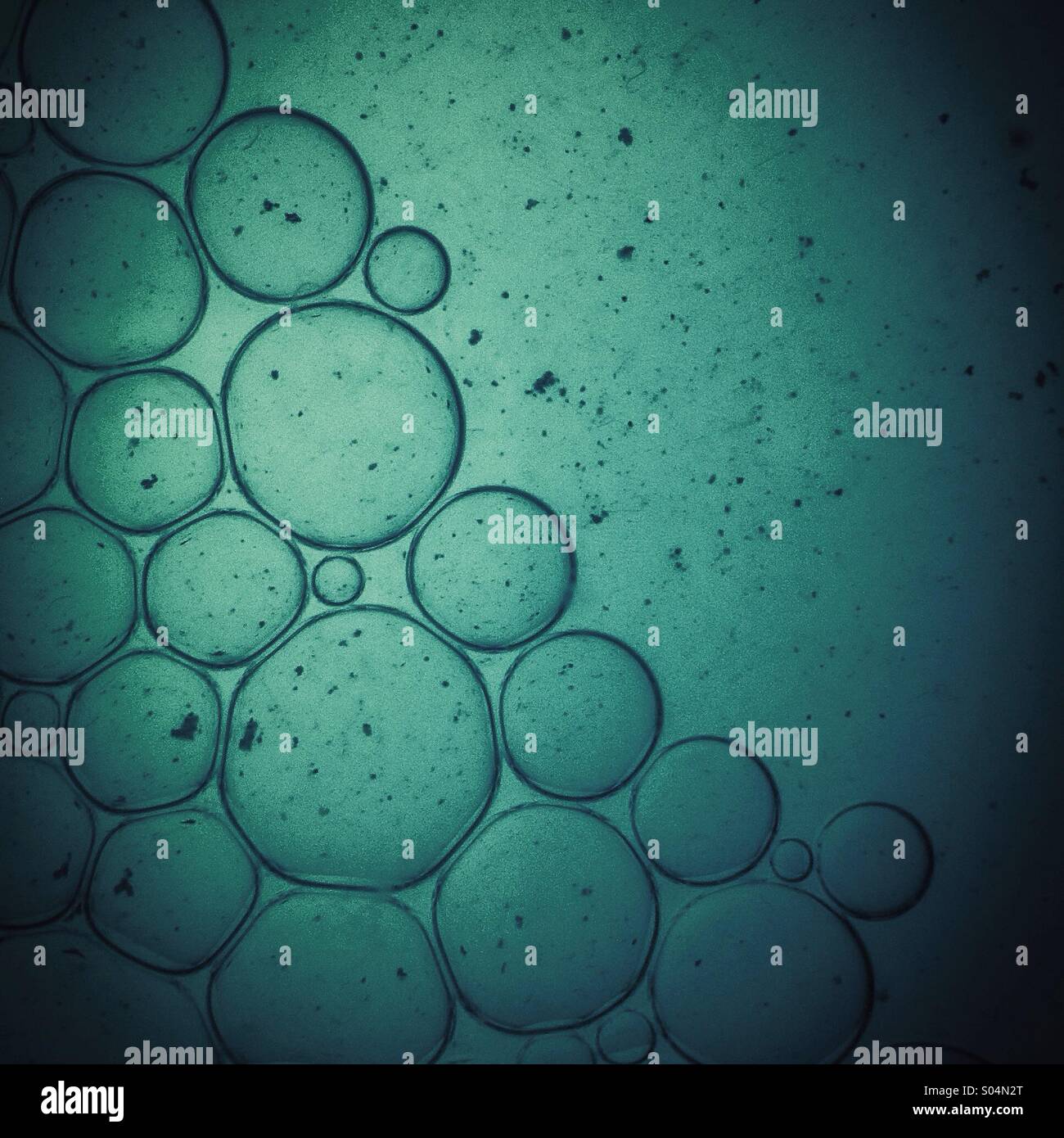 Liquid bubbles. Close up macro image of droplets of oil floating in blue colour water. - Smartphone Captured Stock Image