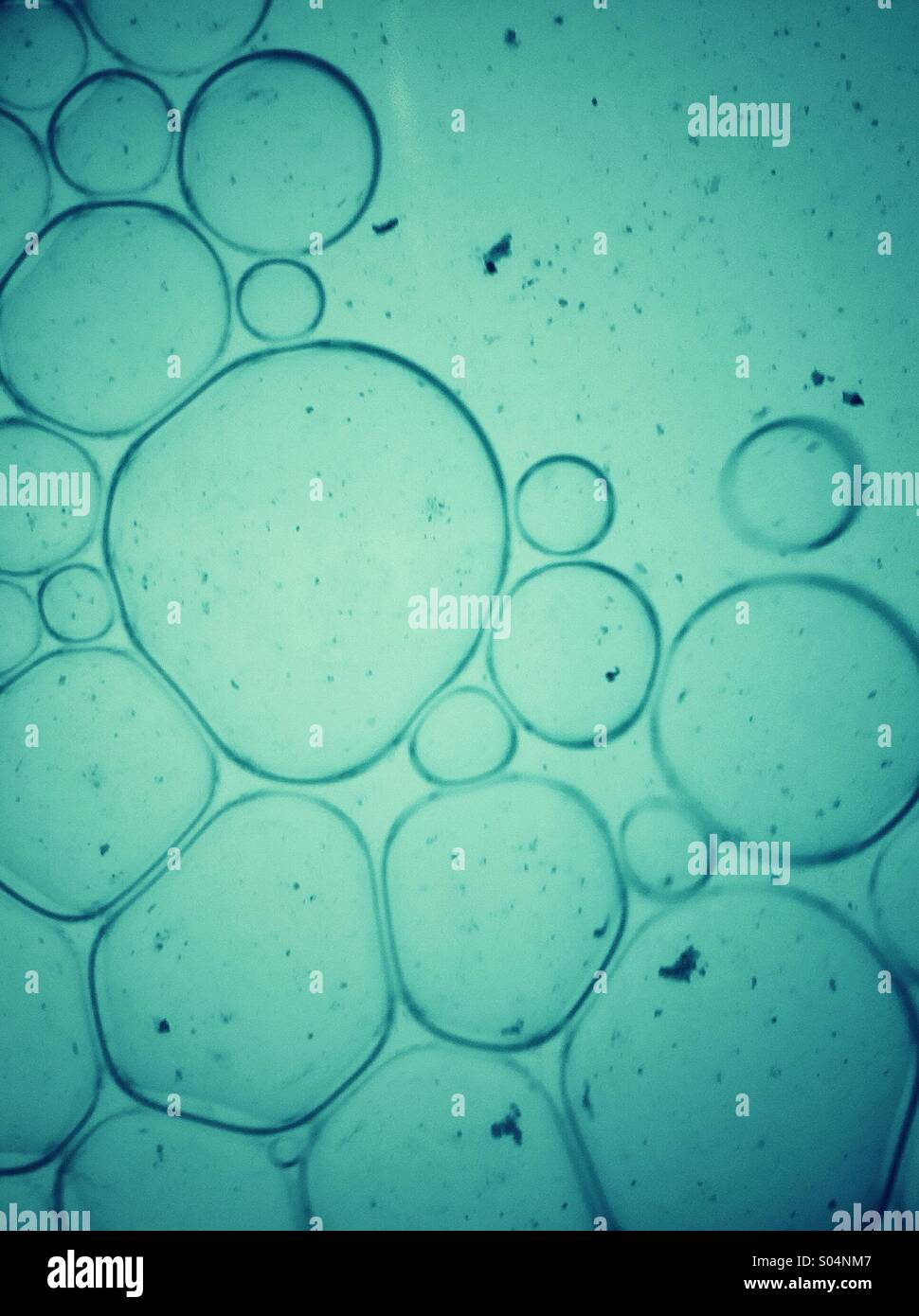 Liquid bubbles. Close up macro image of droplets of oil floating in blue colour water. - Smartphone Captured Stock Image