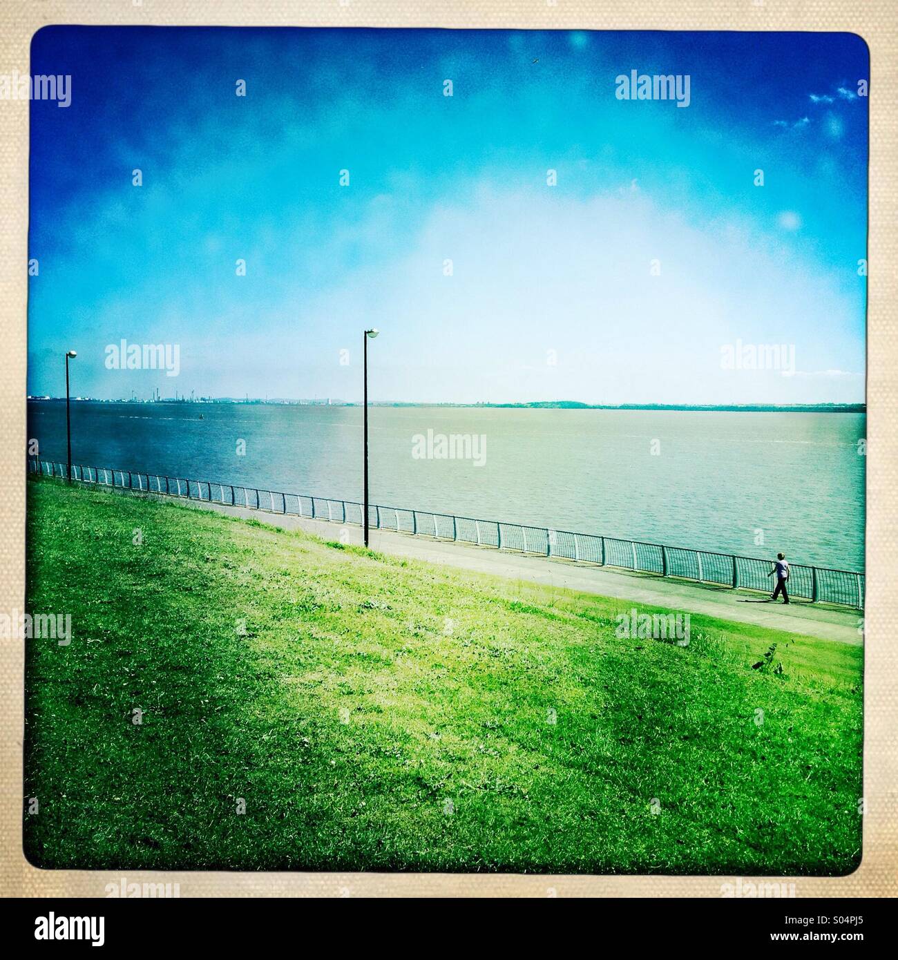 Otterspool promenade Liverpool in bright sunshine. Hipstamatic Stock