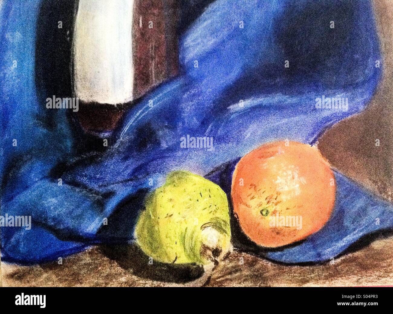 Drawing of wine bottle, an orange and a pear - Smartphone Captured Stock Image