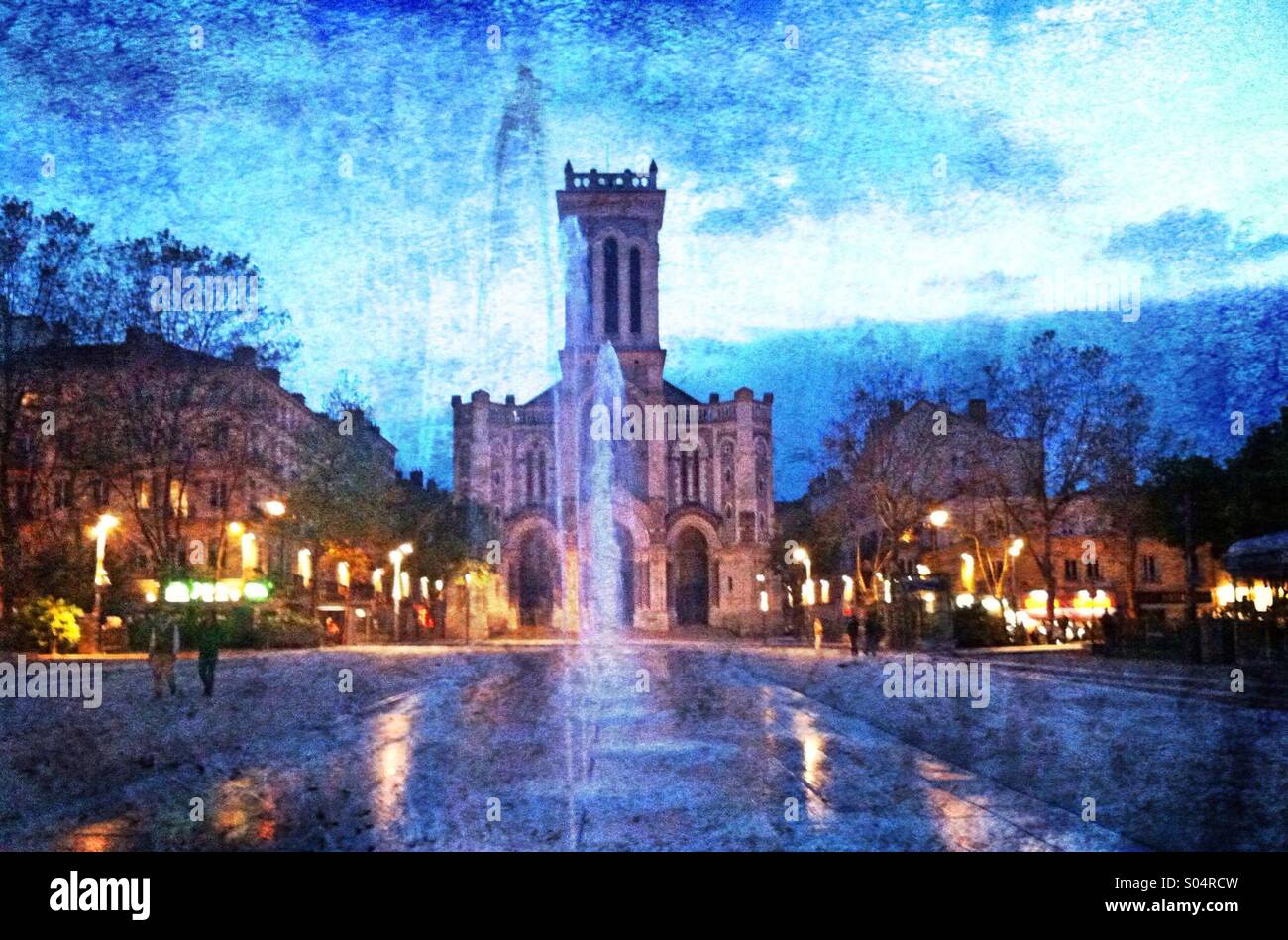 Spectacular sunrise, view of central square, Saint-Etienne,Loire,Rhone-Alps,France - Smartphone Captured Stock Image