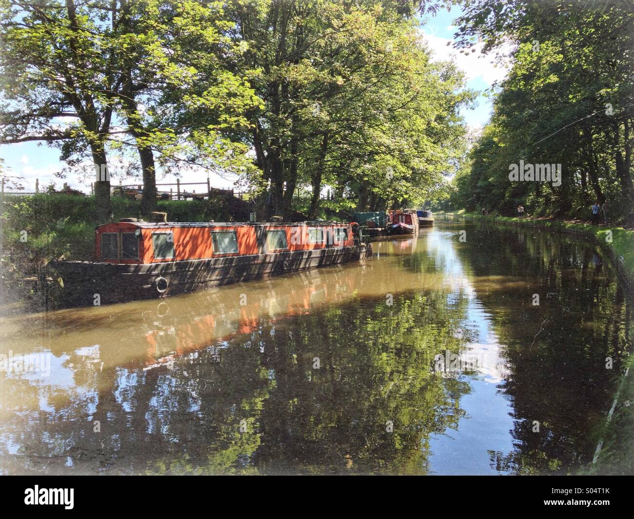 Narrow boats moored on Leeds Liverpool canal - Smartphone Captured Stock Image