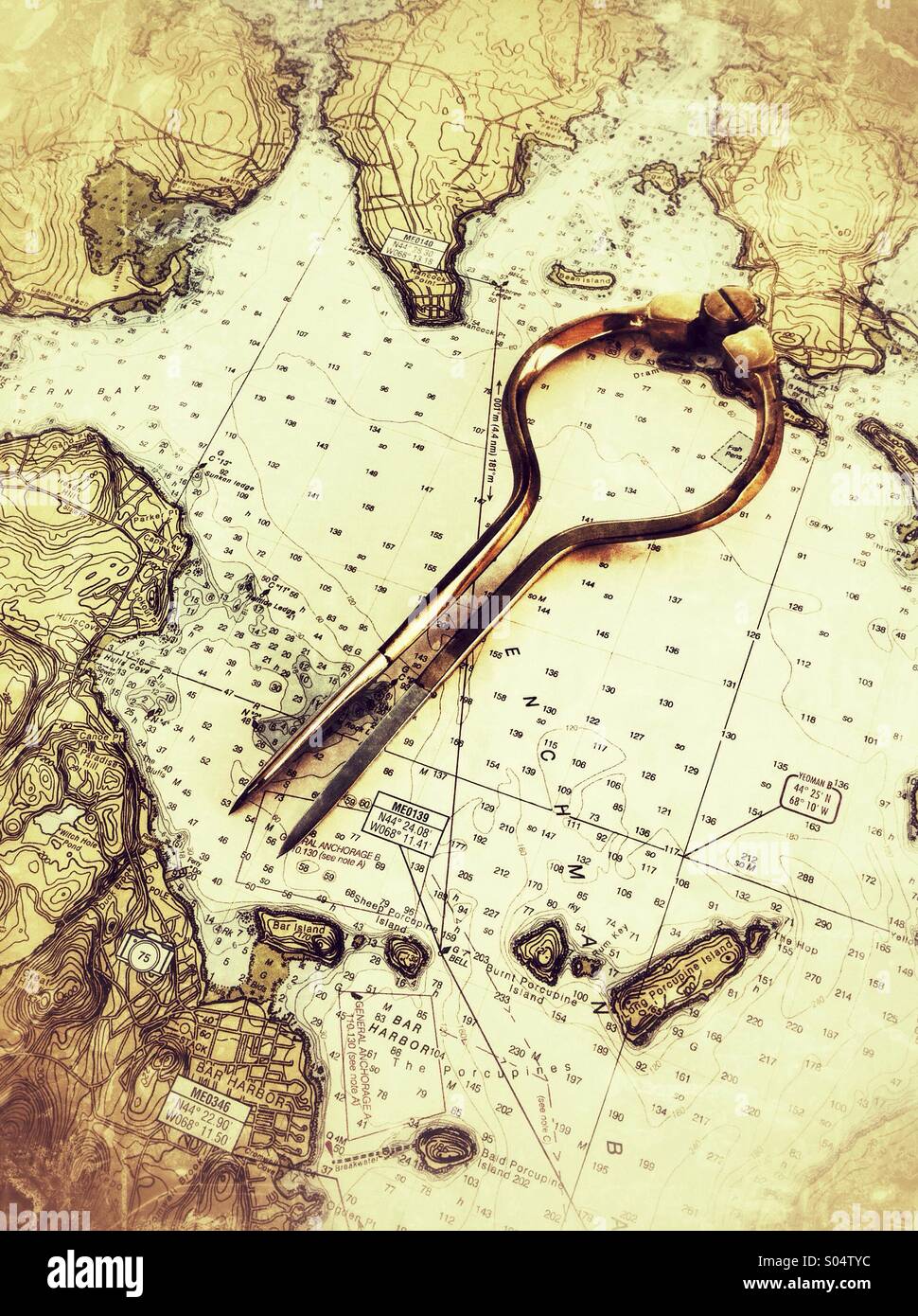 Sailor's compass and chart of the Maine sea coast Stock Photo Alamy