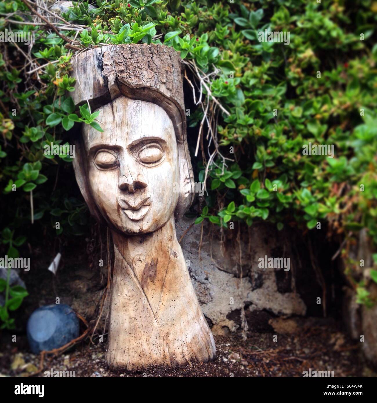 A wooden sculpture of a woman decorates a garden in Peña de Bernal, Queretaro state, Mexico - Smartphone Captured Stock Image