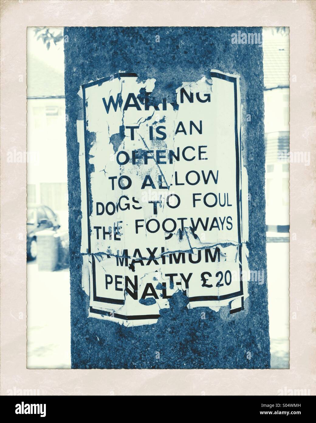 Faded cracked sign, offence to allow dog to foul pavement Stock Photo