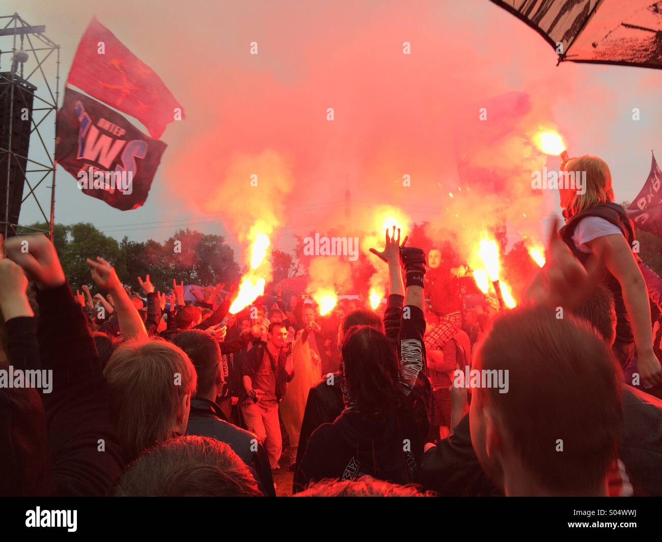 Open-air Russian rock festival. Lumen band. Flares - Smartphone Captured Stock Image