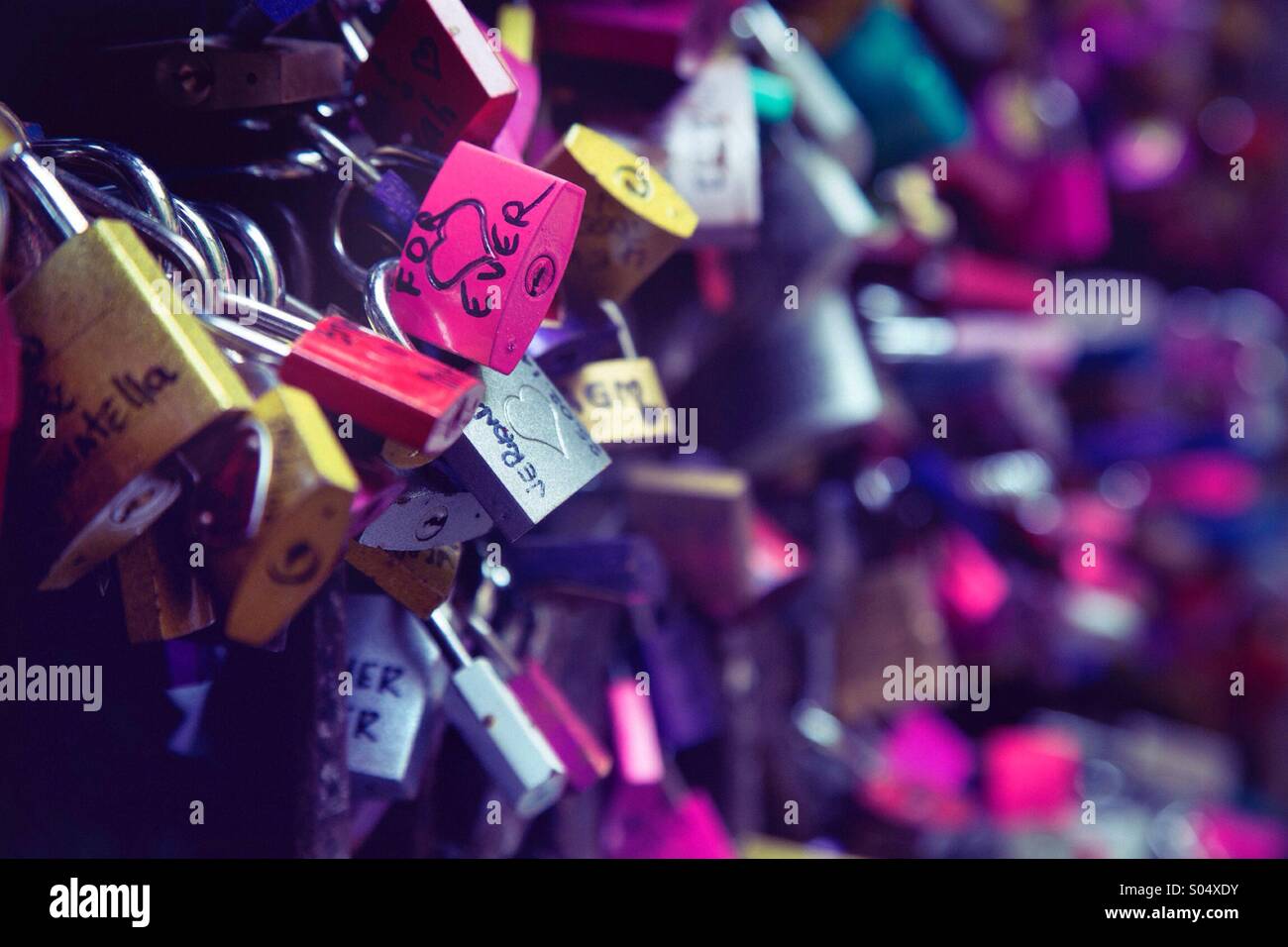 Love locks on the wall at the Romeo and Juliet balcony in Verona, Italy