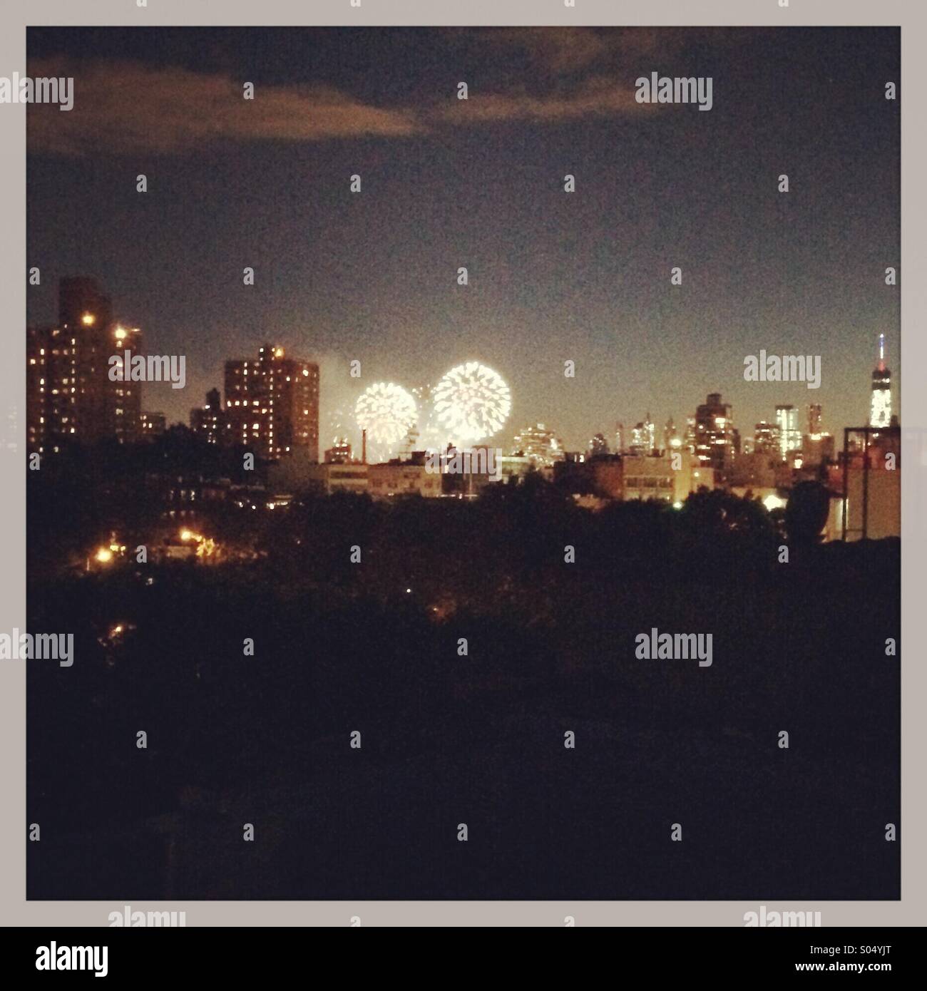 Fireworks over New York City on July 4, 2014. - Smartphone Captured Stock Image