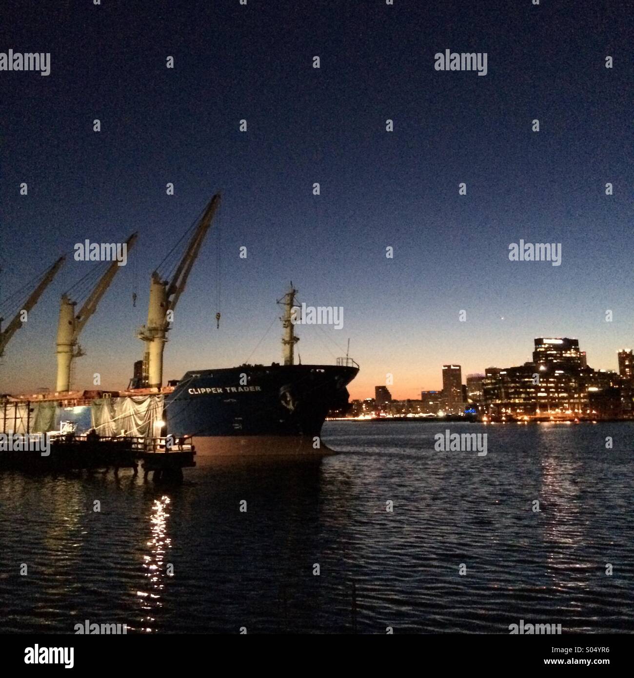 Cargo ship in Baltimore harbor at dusk - Smartphone Captured Stock Image
