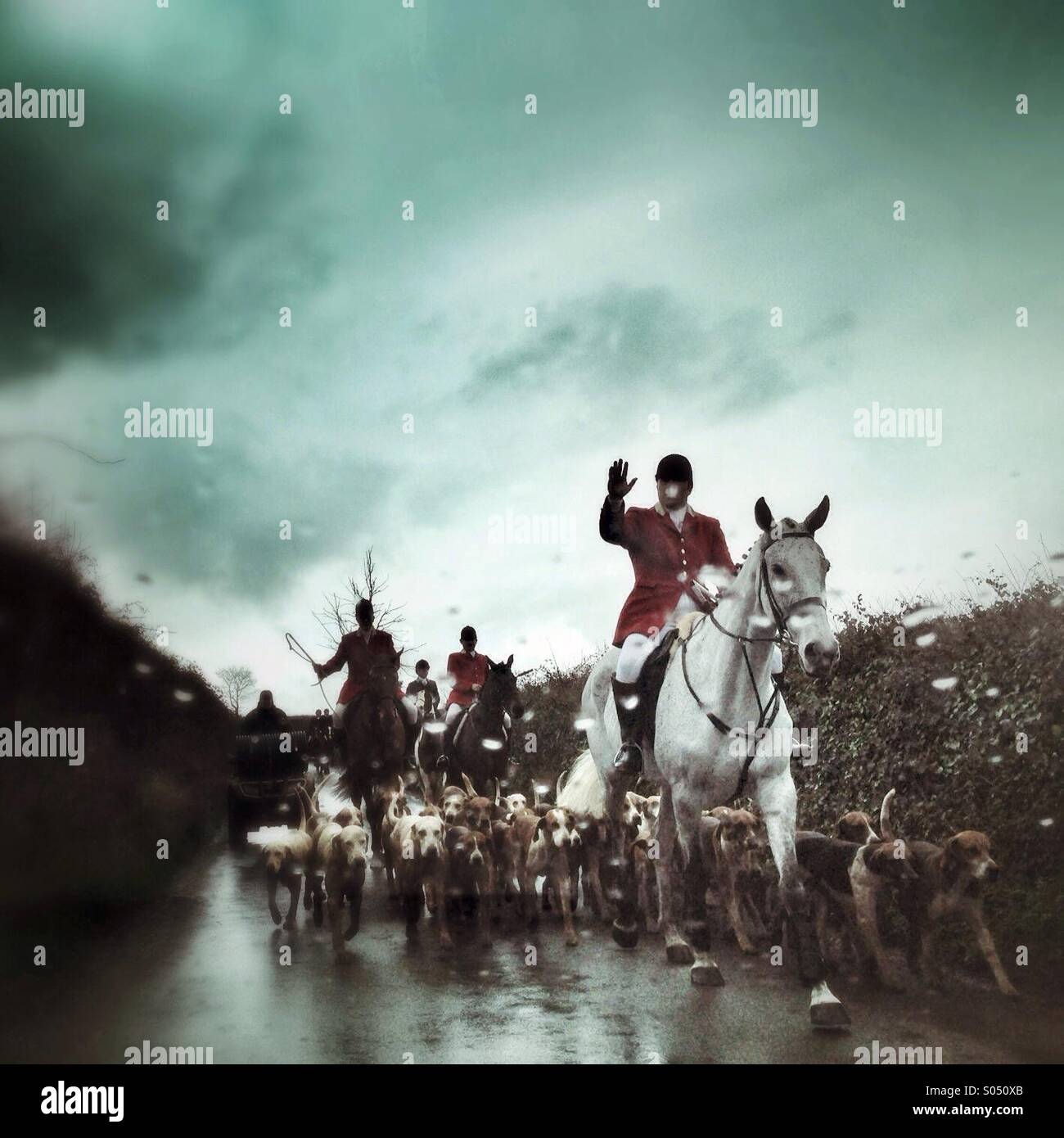 Local hunt meet in the rain Stock Photo Alamy