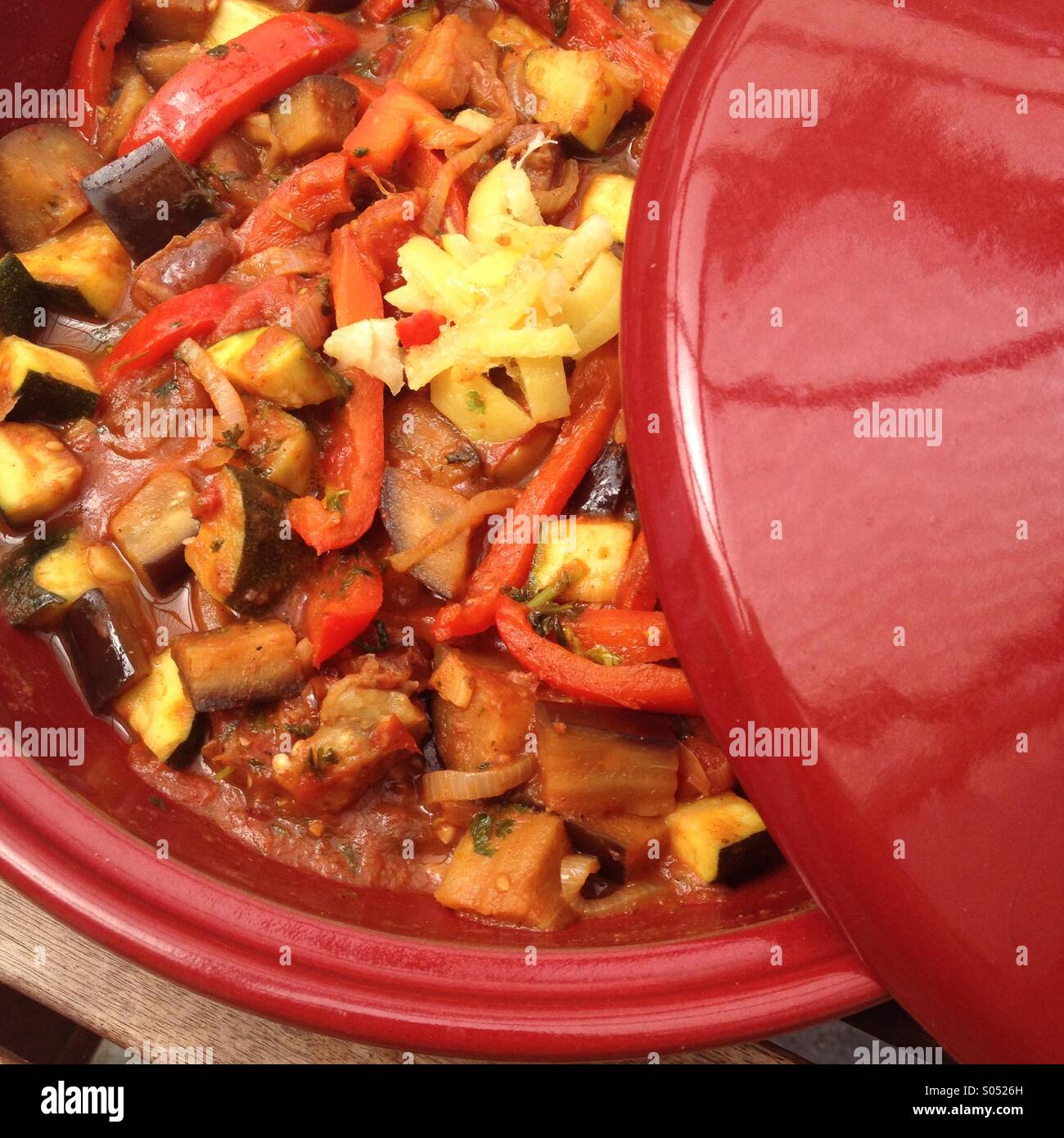 Vegetable tagine with Aubergine, courgette and red pepper, topped with