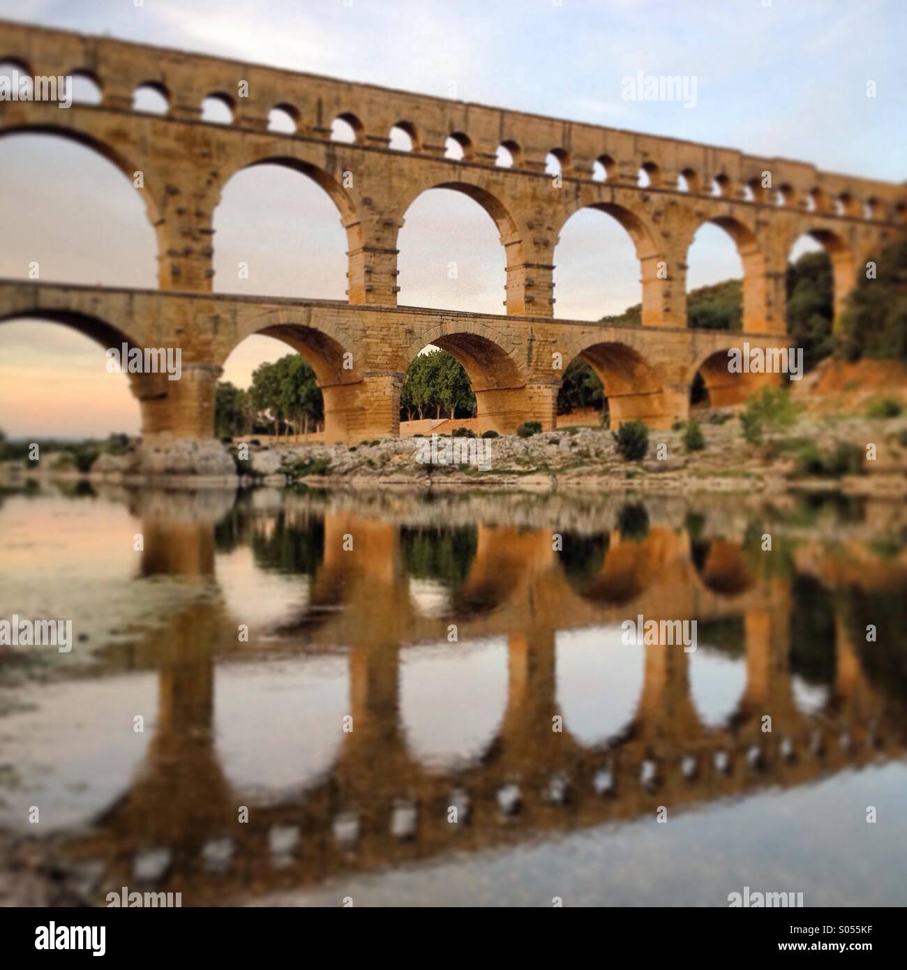 Pont du Gard at sunset, Gard department, Languedoc-Rousillon, France Stock Photo