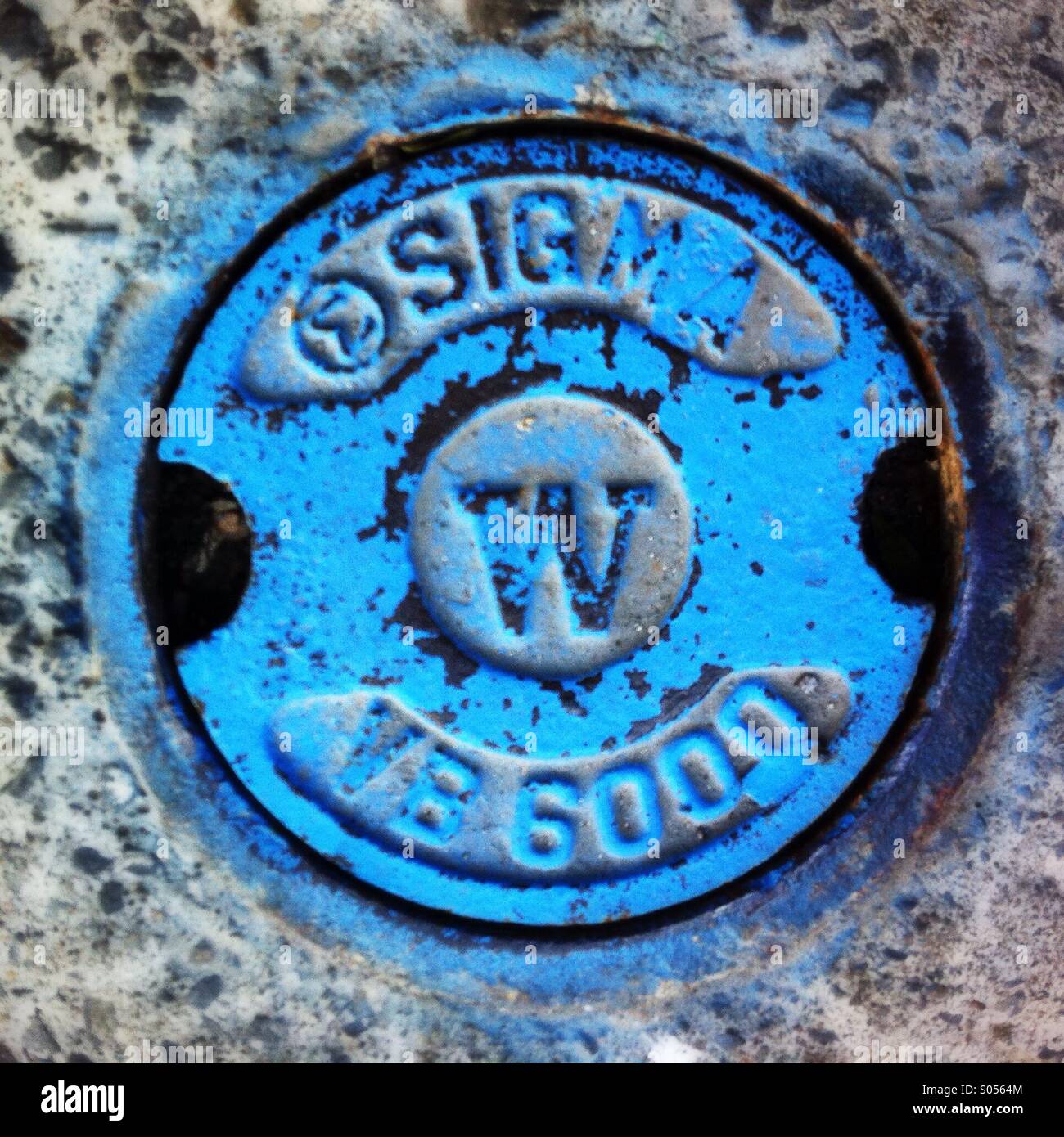 Water main cover lid painted blue in Ottawa Canada July 2014. - Smartphone Captured Stock Image