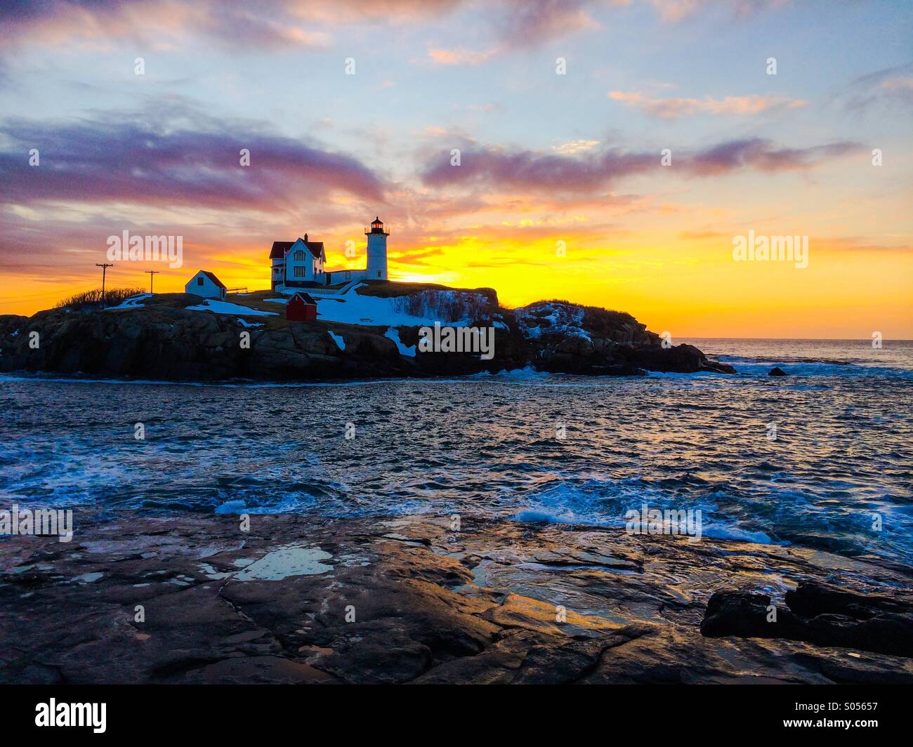 Nubble Lighthouse at Dawn Stock Photo