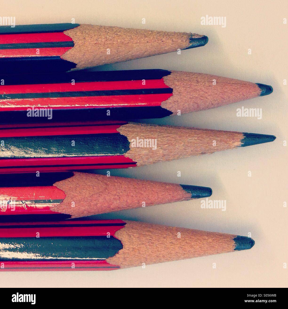 It's a photo of four crayon pencils side by side together. It's a detail in close-up. It's 5 crayons actually Stock Photo