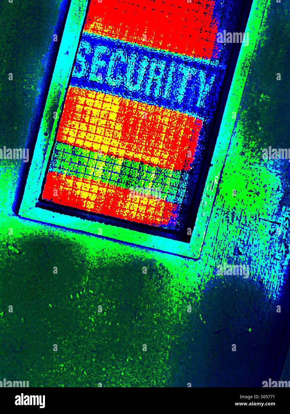 Security vest seem through glass window in fire door - Smartphone Captured Stock Image