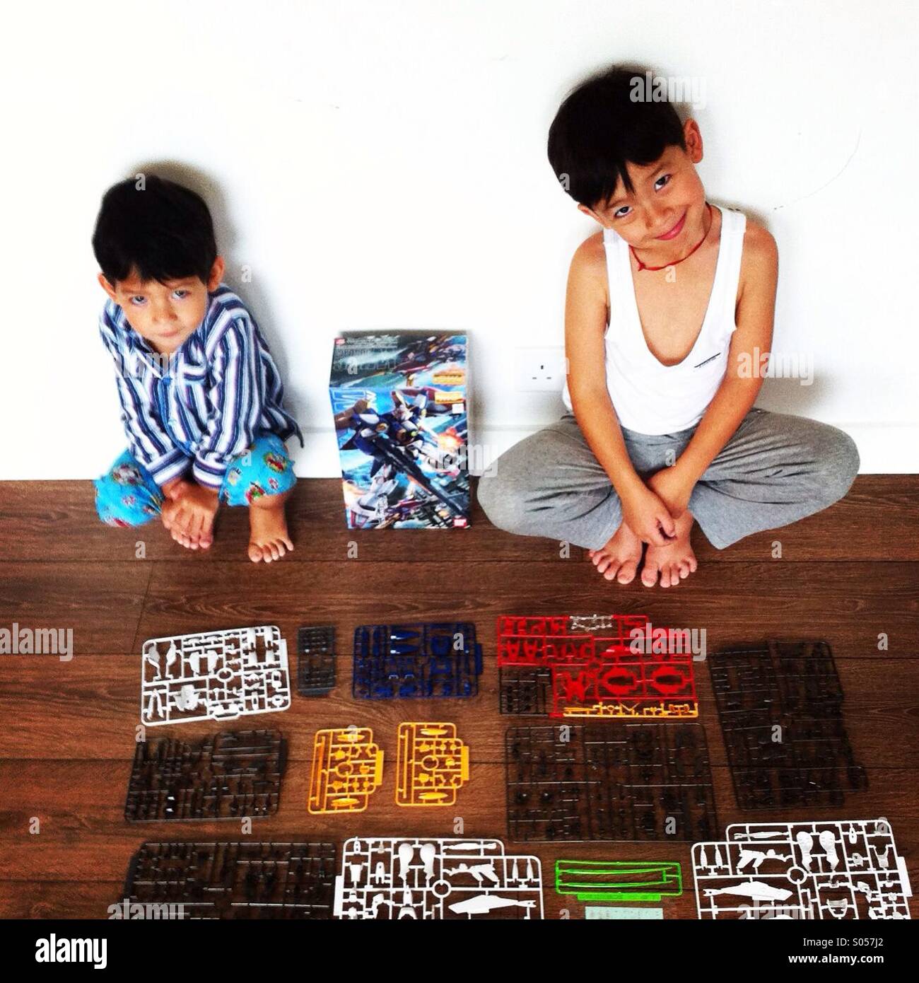 Shy boys posing near their new toy they gonna built - Smartphone Captured Stock Image