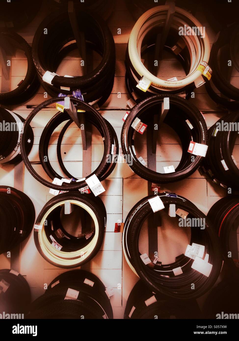 A wall of bicycle tires - Smartphone Captured Stock Image