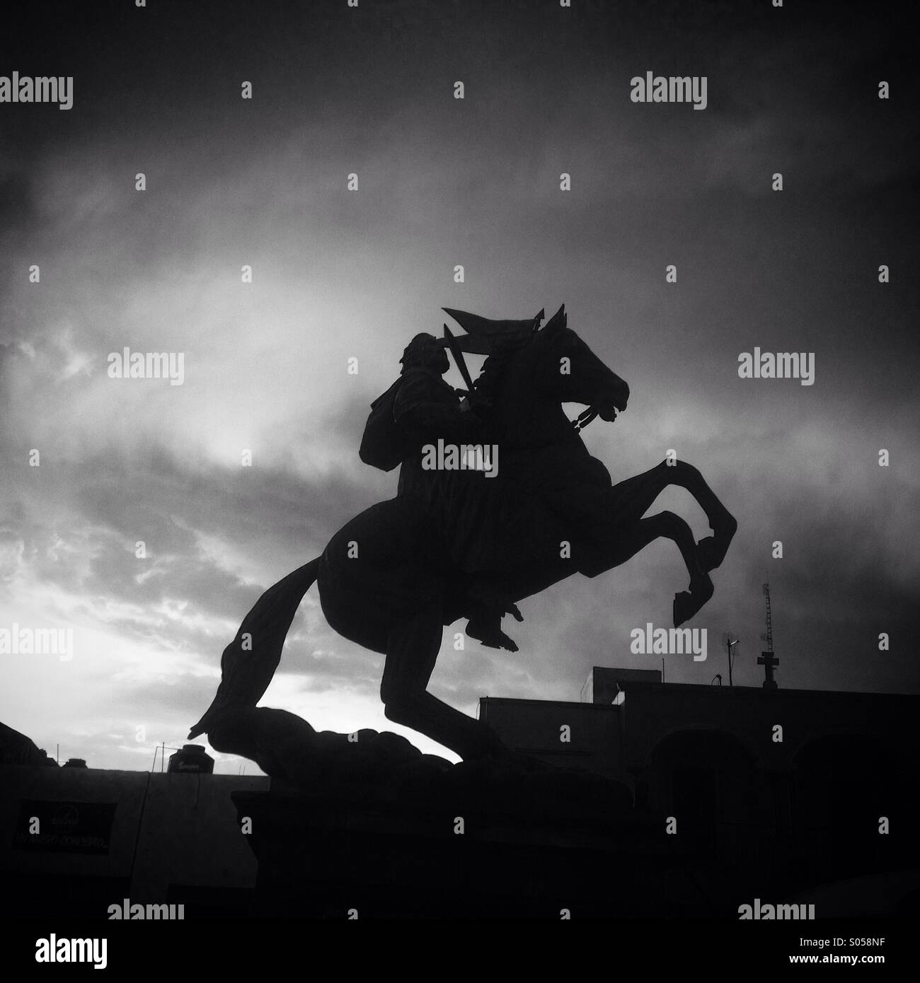 The sculpture of Santiago Apostle riding a horse decorates a street in Queretaro, Mexico. - Smartphone Captured Stock Image