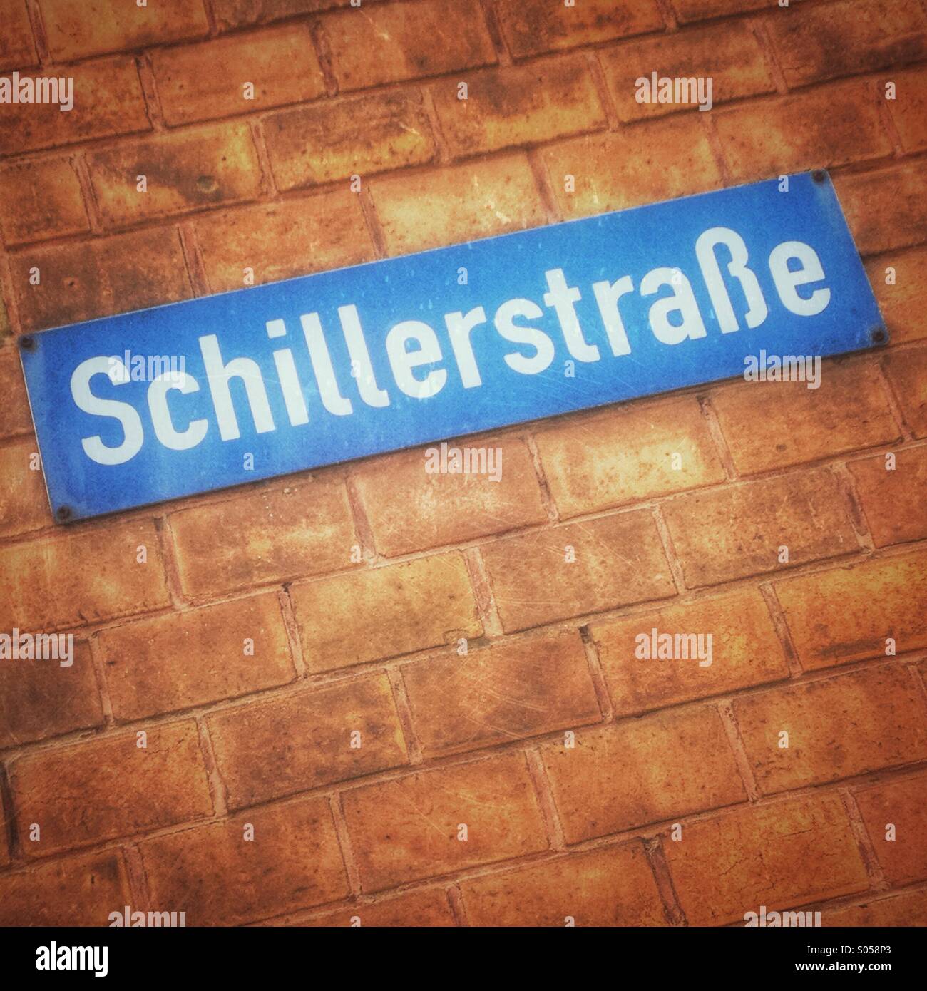 German street sign 'Schillerstrasse' (translates into 'Schiller street' in English Language) - Smartphone Captured Stock Image