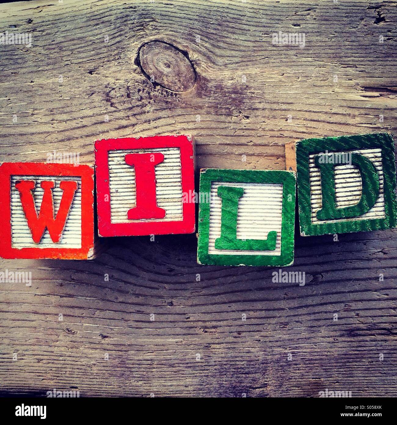It's a photo of four wood cubes toy with letters that form the word WILD - Smartphone Captured Stock Image