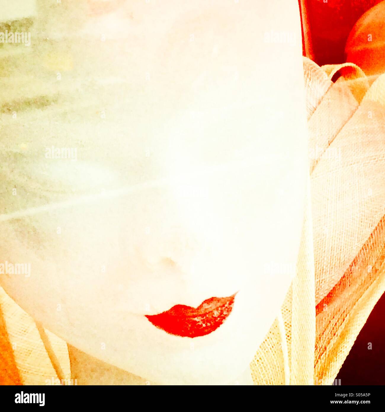 Bright red lips on female mannequin head in shop window - Smartphone Captured Stock Image