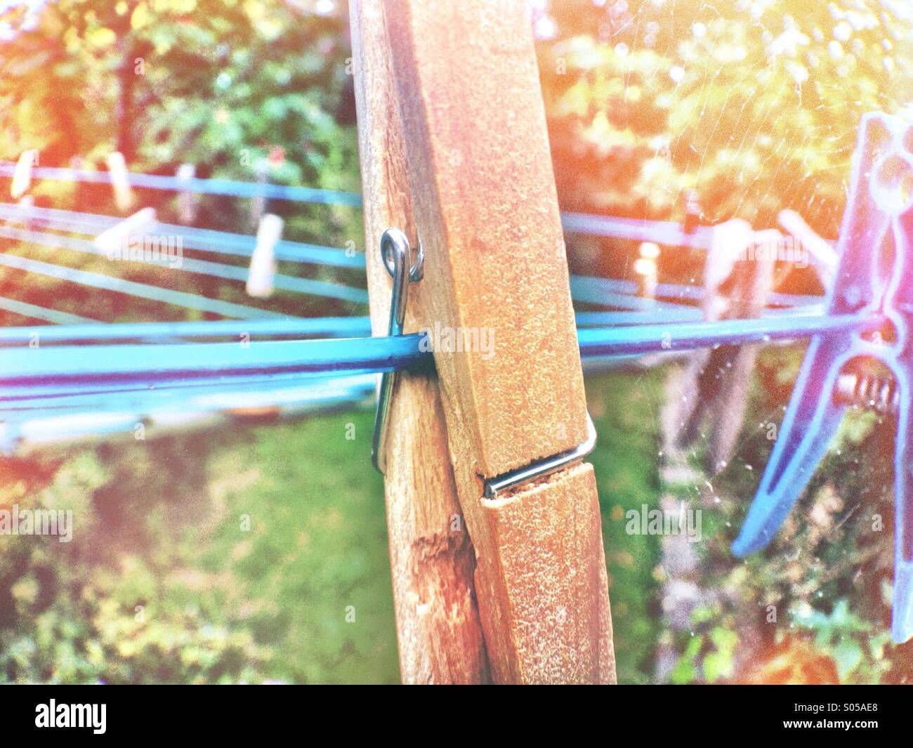 Clothes pegs on a washing line, evening sunshine in a garden Stock Photo