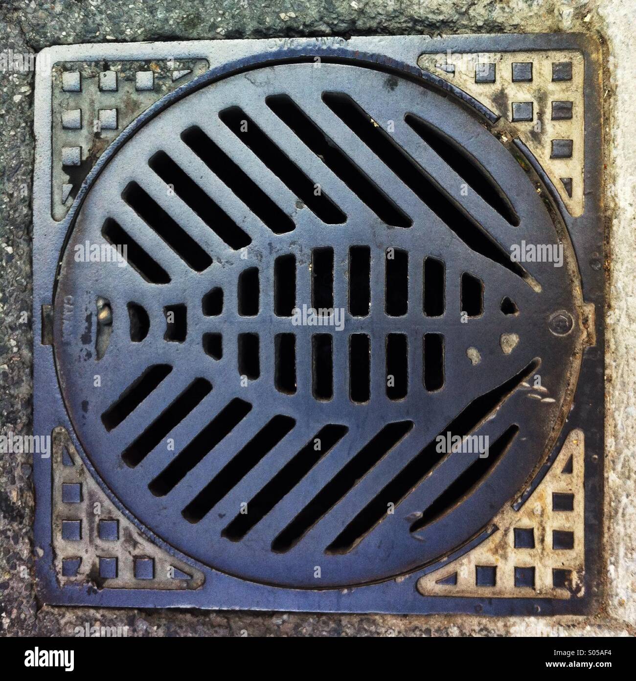 Fish symbol on the cover of the storm sewage opening in Ottawa, Canada, 2014. - Smartphone Captured Stock Image