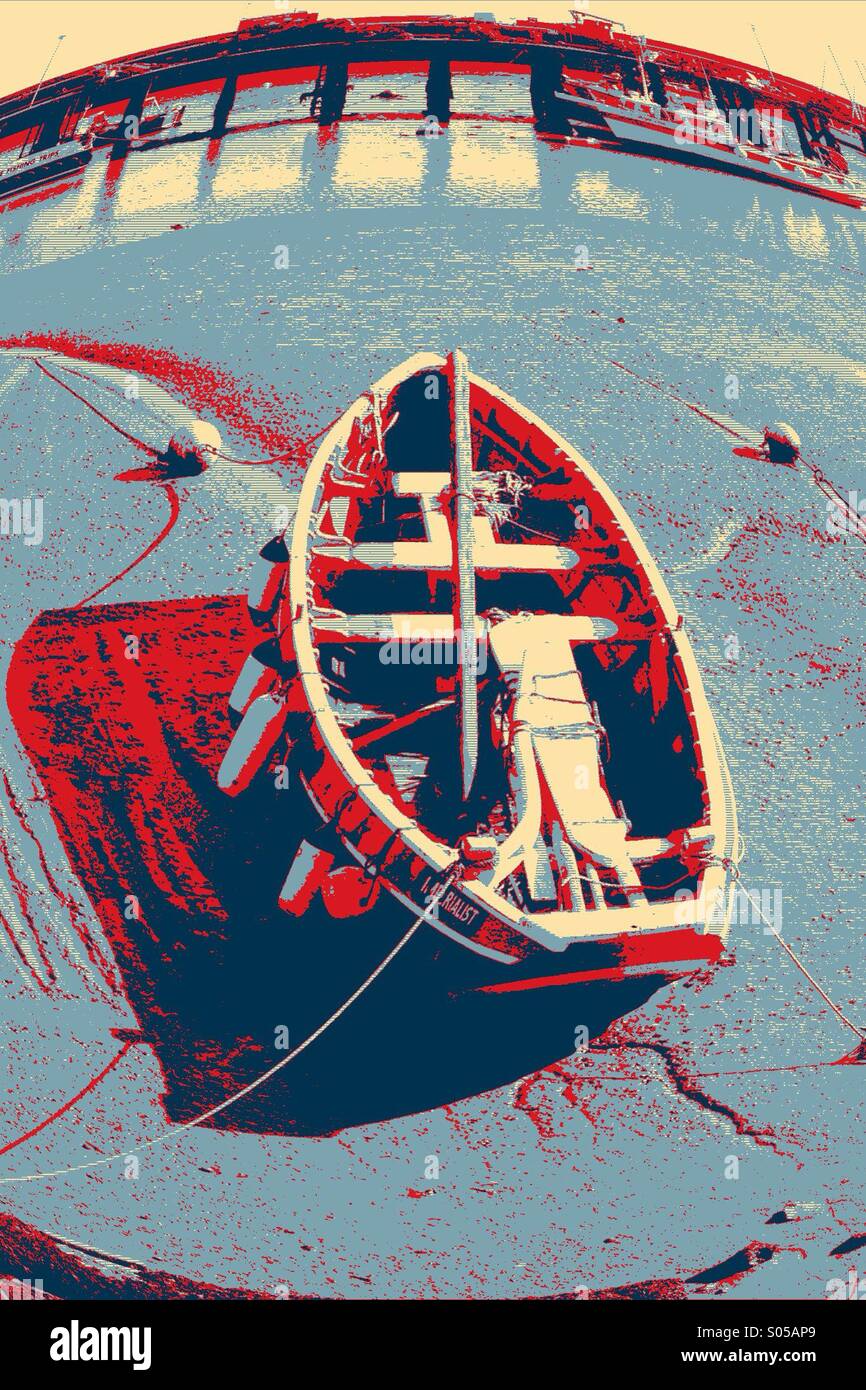 Pop art style with fish eye photo of a moored boat - Smartphone Captured Stock Image