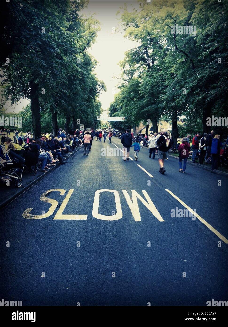 People lining the route of stage 1 of the Tour de France in Masham, North Yorkshire, England, UK Stock Photo