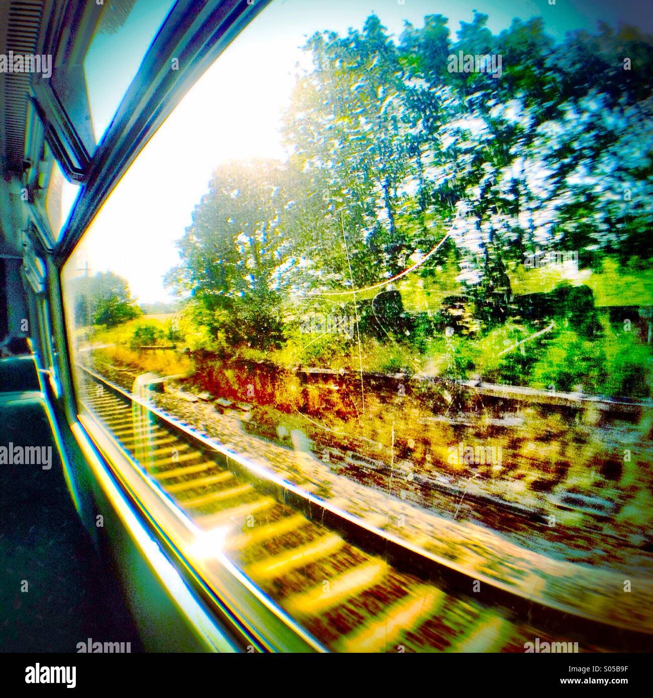 Train journey, speed, movement, tracks Stock Photo