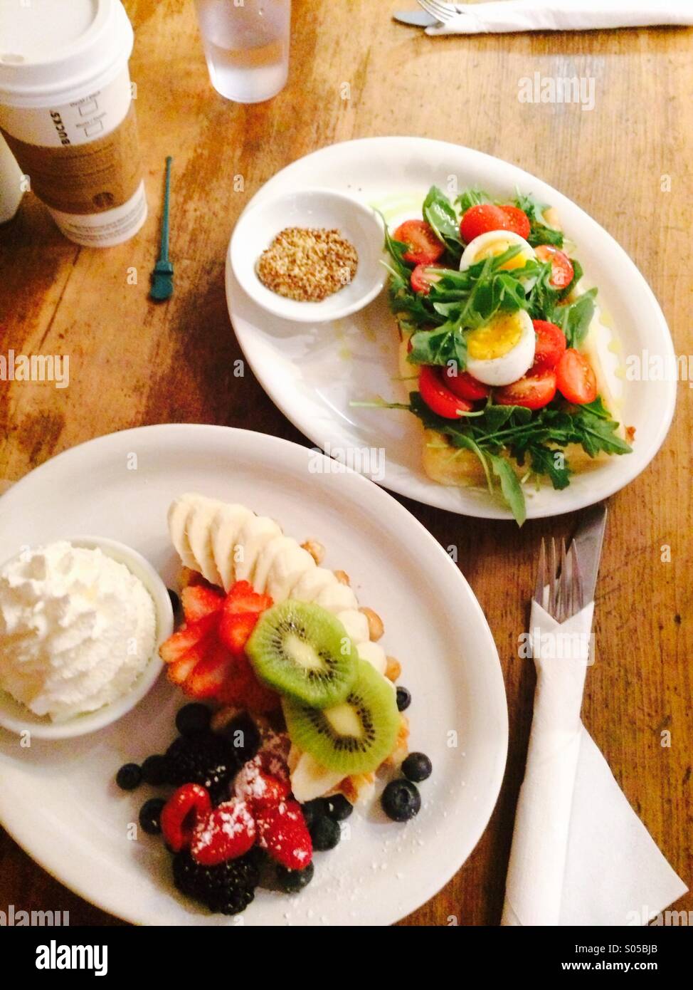 Breakfast in Nero in downtown Vancouver. Sweet and savoury waffles