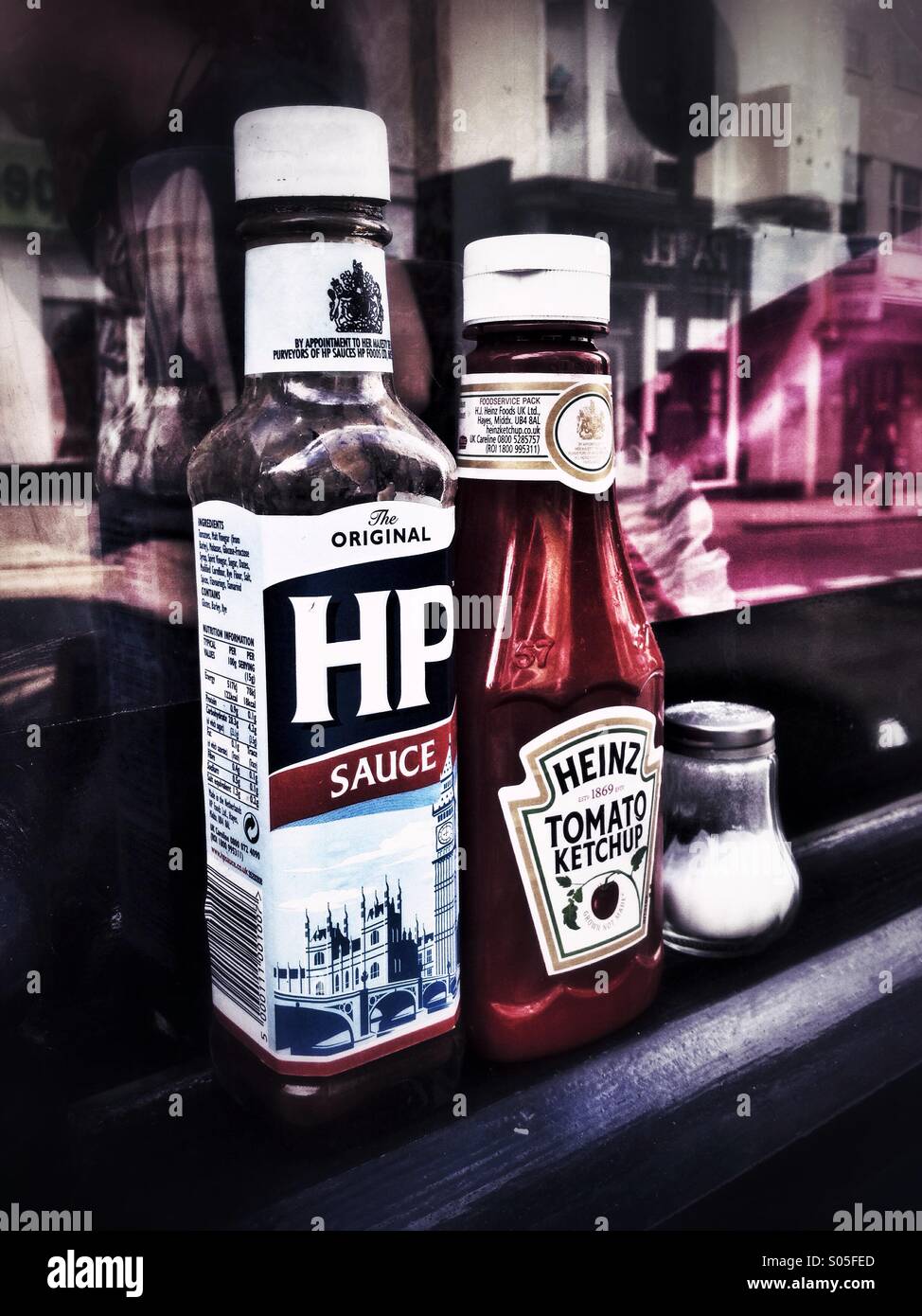 Sauces in a cafe window, Brighton, UK. - Smartphone Captured Stock Image
