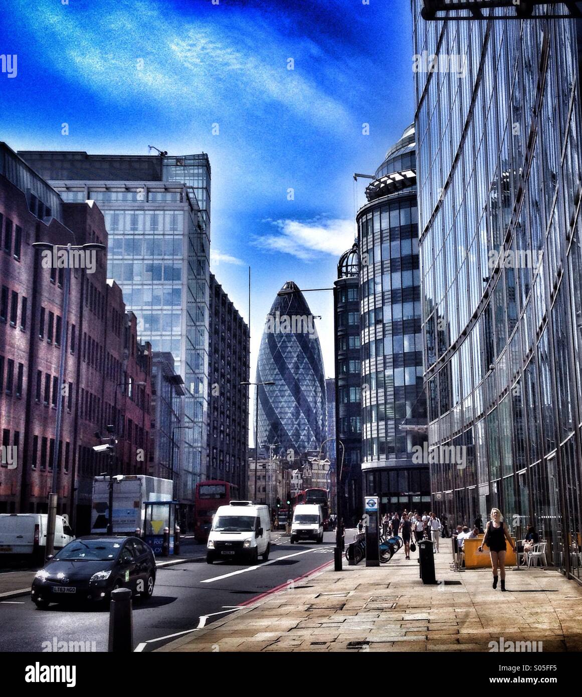 A view of the 'Gherkin' skyscraper from Shoreditch high street on London, England, UK. - Smartphone Captured Stock Image