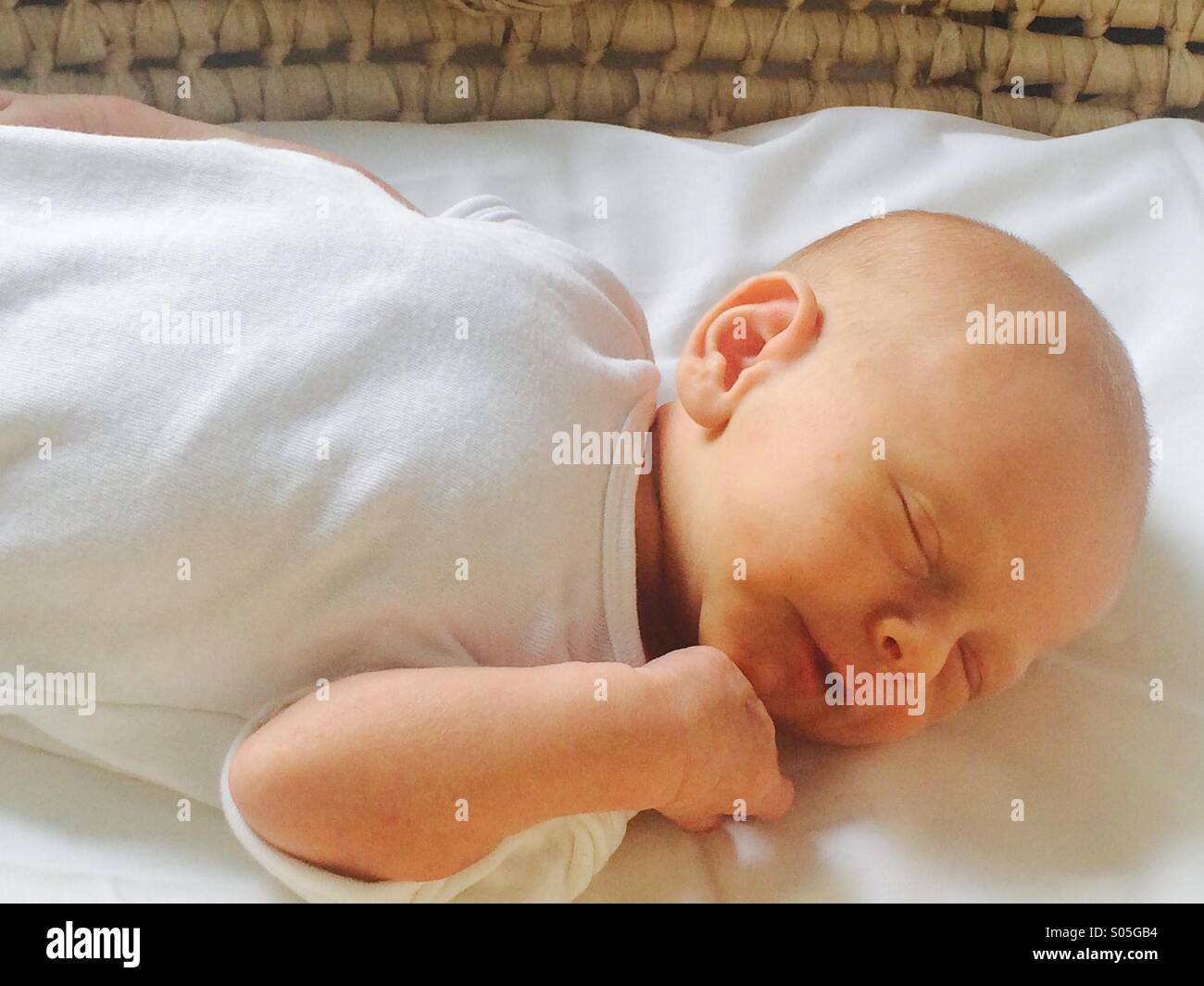 One week old baby boy asleep in Moses basket Stock Photo Alamy