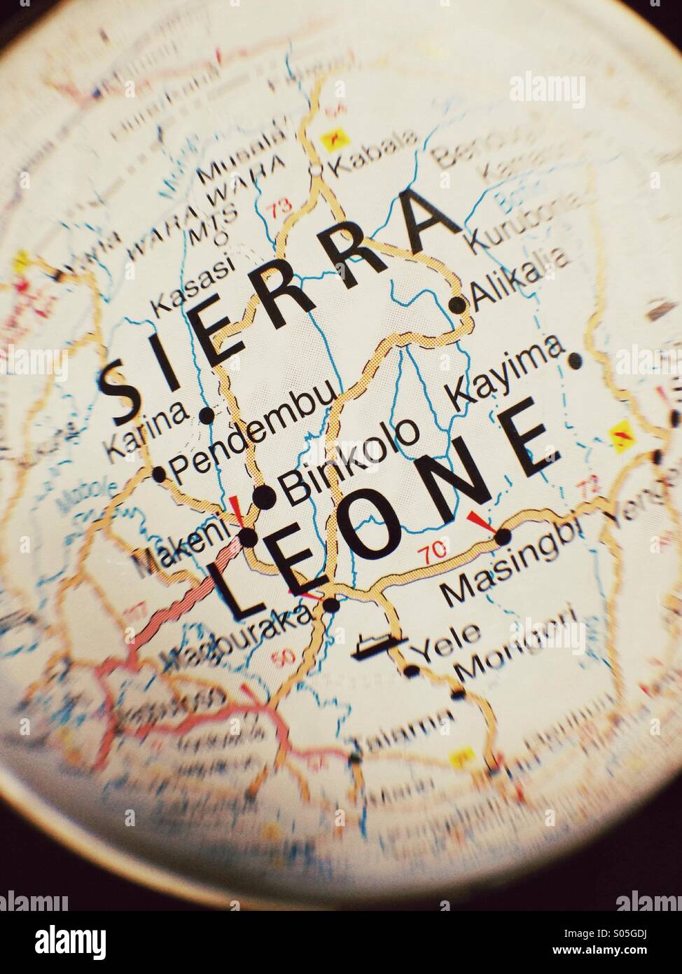 Wide angle close up image of map text of "Sierra Leone Stock Photo - Alamy