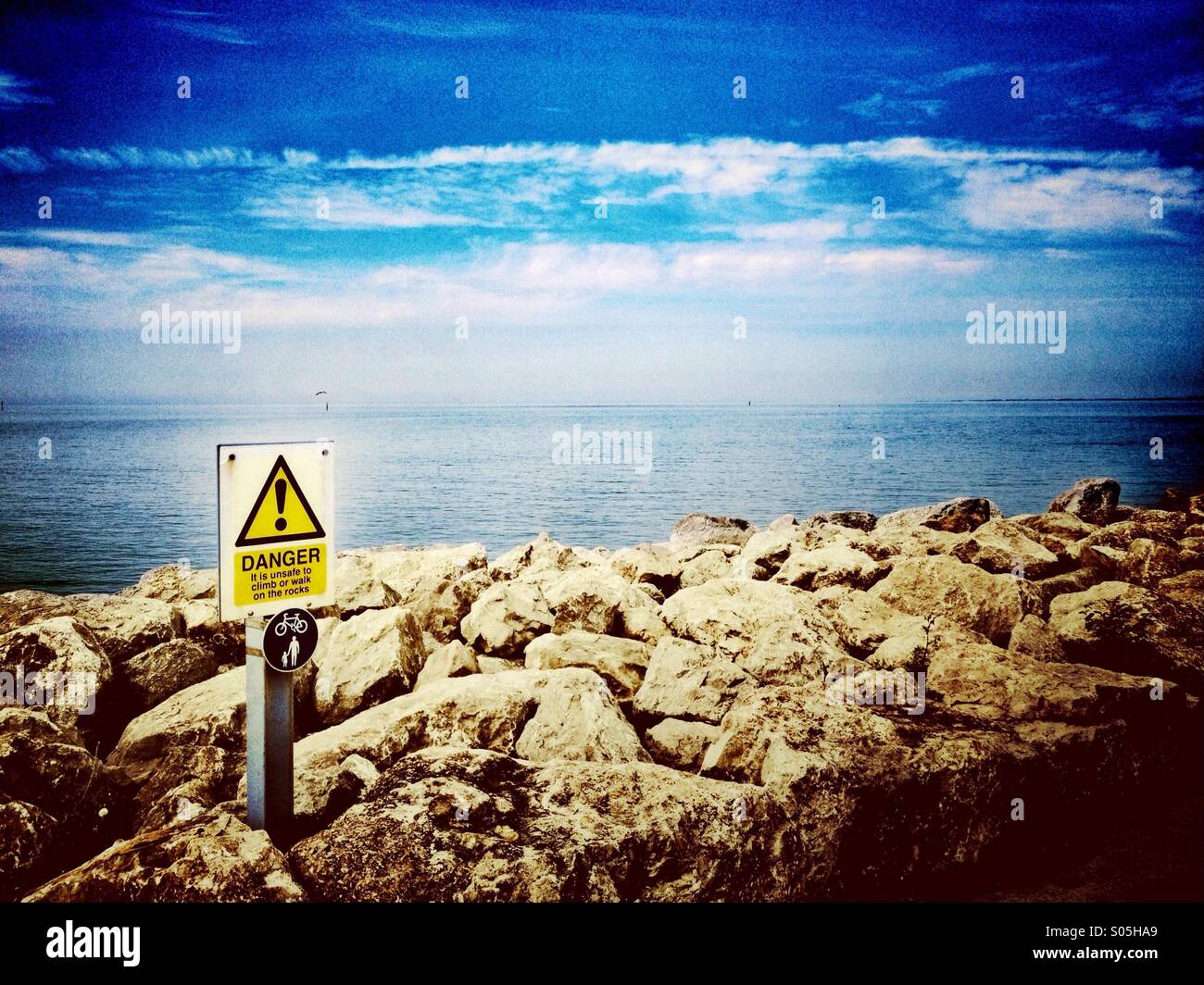 Danger sign on Morecambe seafront - Smartphone Captured Stock Image