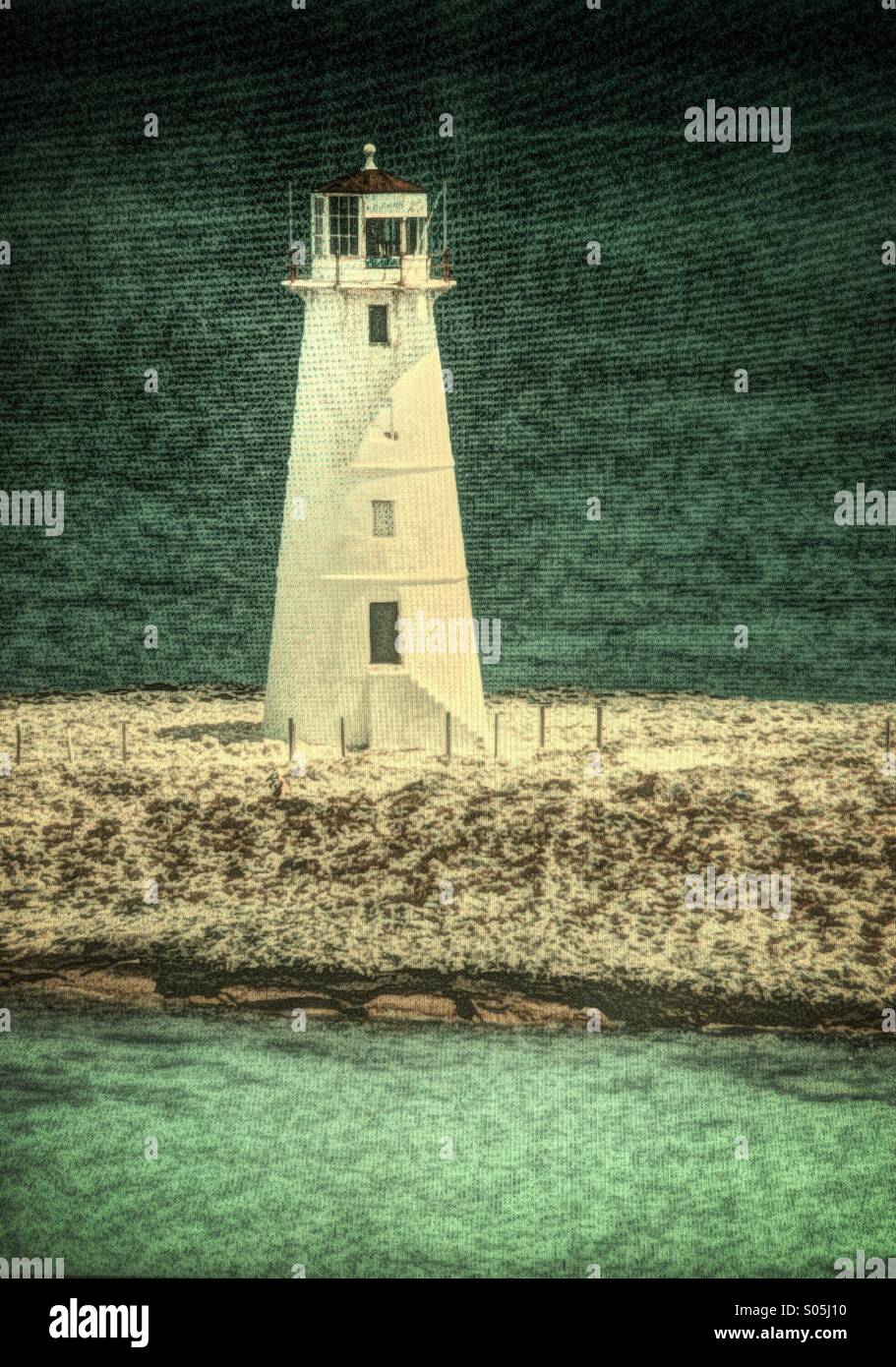 An artistic rendering of a lighthouse along an aqua blue sea shore - Smartphone Captured Stock Image