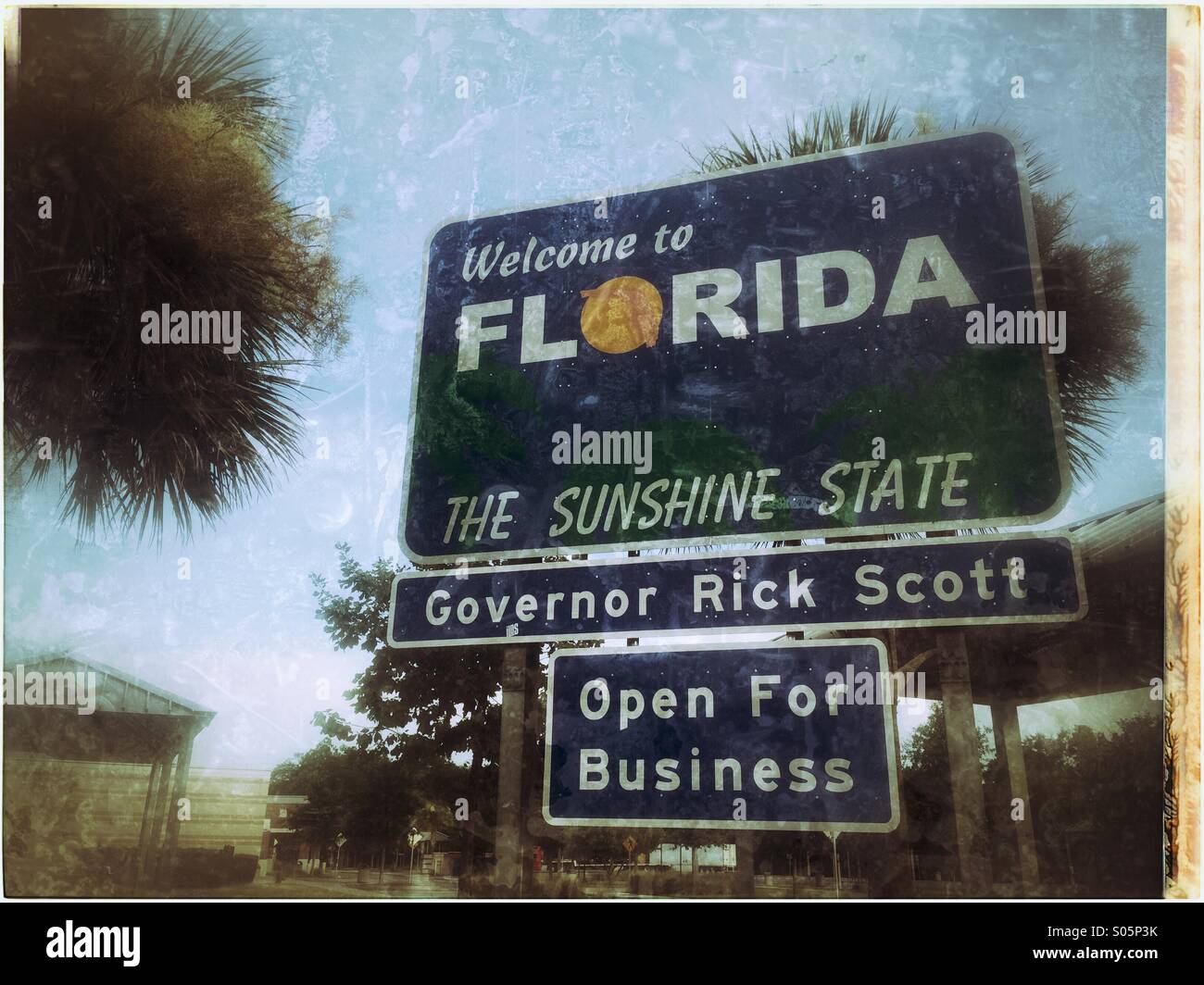 Welcome to Florida The Sunshine State sign at the Florida/Georgia border. Stock Photo