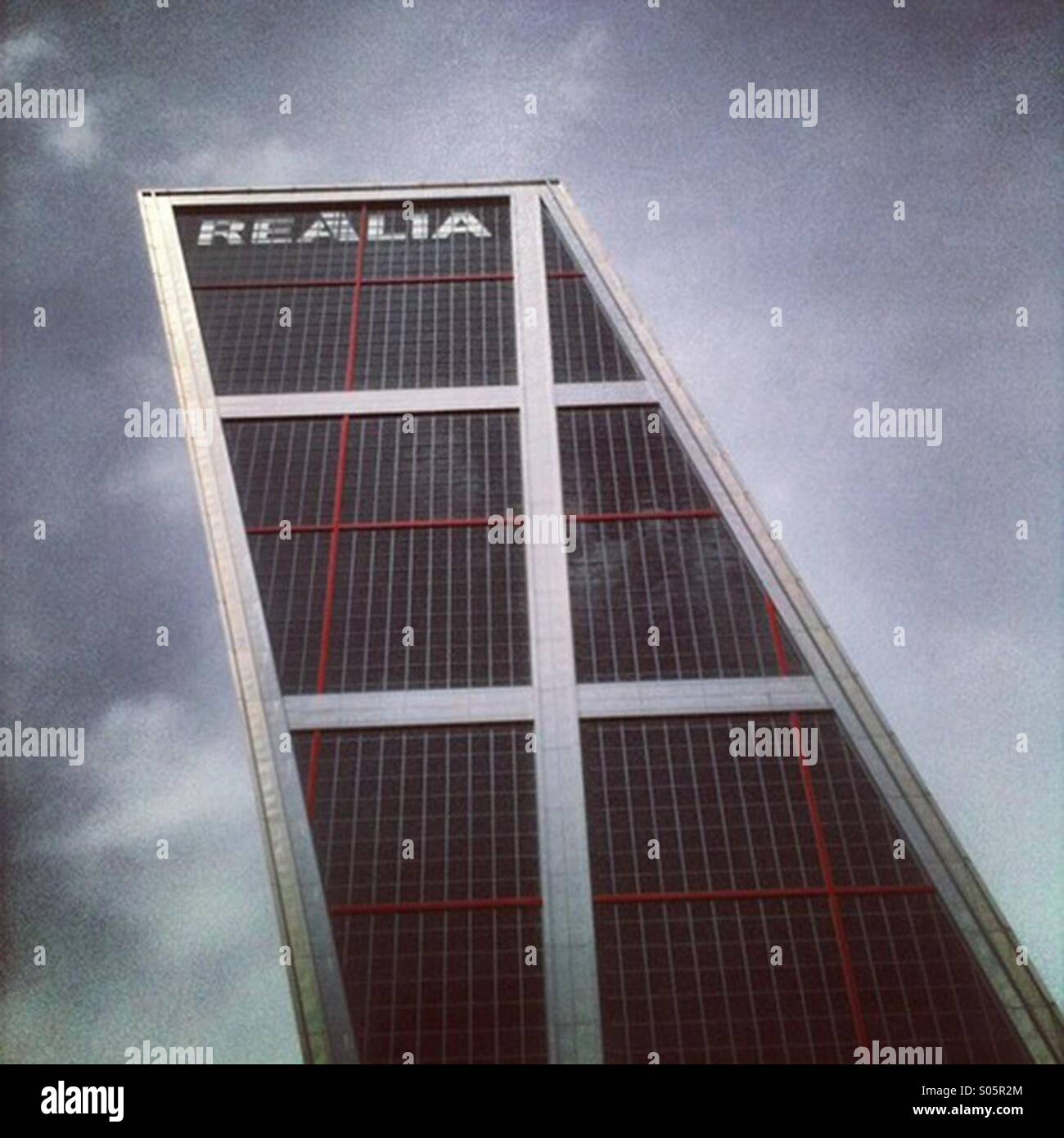 One side of the puerta de Europa building in Madrid, Spain (gate to Europe) - Smartphone Captured Stock Image