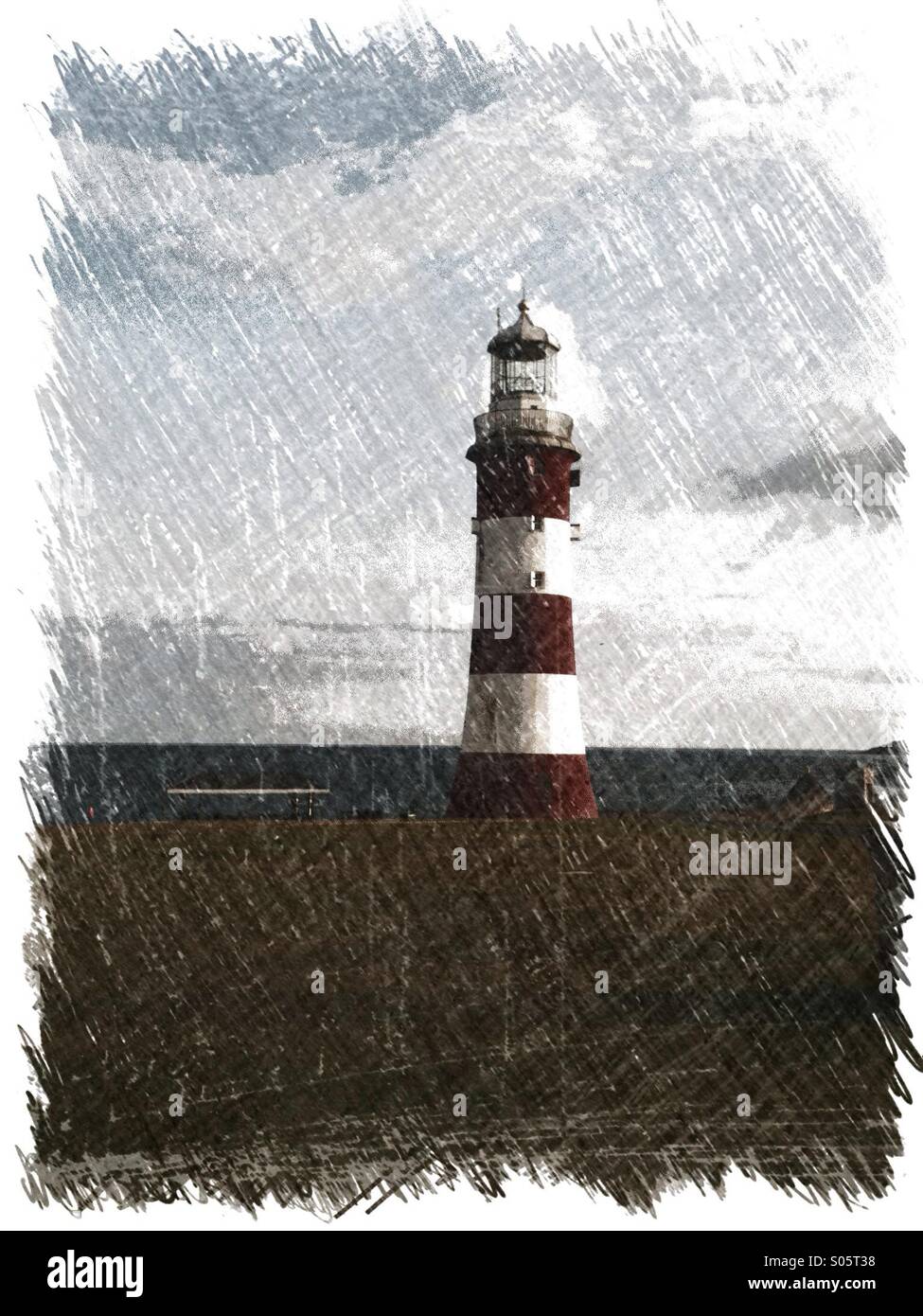 Red and white lighthouse on Plymouth Hoe known as Smeaton's Tower. Photograph processed as charcoal sketch. - Smartphone Captured Stock Image