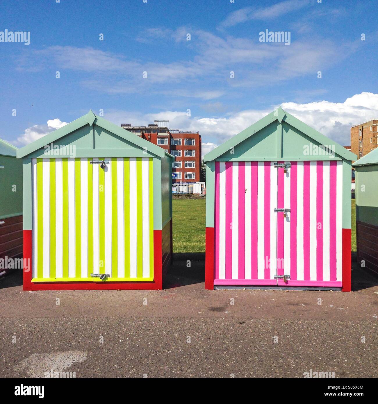 Candy striped beach huts Stock Photo