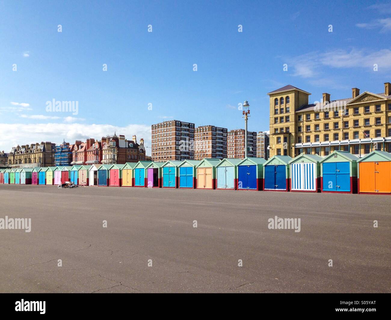 Row of colourful beach huts in Brighton and Hove - Smartphone Captured Stock Image